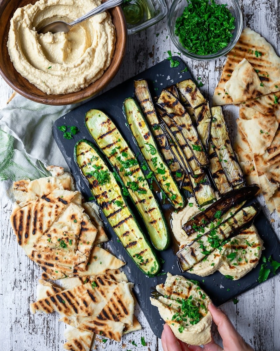 The image shows a food arrangement on a white marbled surface. There are two black slate boards in the center stacked with grilled vegetables: the left board has about eight long, thin, light green grilled zucchini strips with dark grill marks, garnished with small bright green parsley leaves; the right board holds several pieces of grilled eggplant slices that are pale with charred edges and grill lines, topped with some parsley and layered with a few grilled zucchini strips on top. Around the boards, there are some torn pieces of slightly toasted flatbread with golden brown grill marks arranged loosely. At the top left is a wooden bowl filled with smooth, creamy beige hummus with a silver spoon inside. A small clear glass bowl filled with chopped bright green parsley sits at the top right. A woman’s hand holding a piece of the flatbread is partially visible at the bottom right. The overall look is fresh, rustic, and colorful. photo taken with an iphone --ar 4:5 --v 7