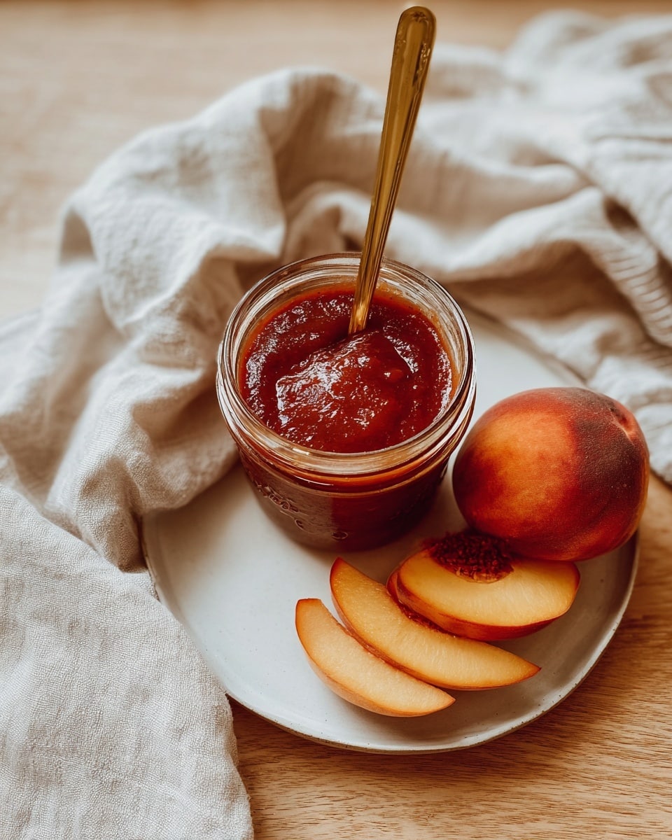 A close-up view of a glass jar filled with thick, dark red sauce that has a slightly chunky texture on top. A golden spoon is dipped into the sauce, standing vertically in the jar. Below the jar, there is a white plate holding a peach that is cut in half showing its pit, and two peach slices placed next to it. The setting is on a light wooden surface with a soft, white fabric draped casually around the edges. The overall scene feels warm and natural. photo taken with an iphone --ar 4:5 --v 7
