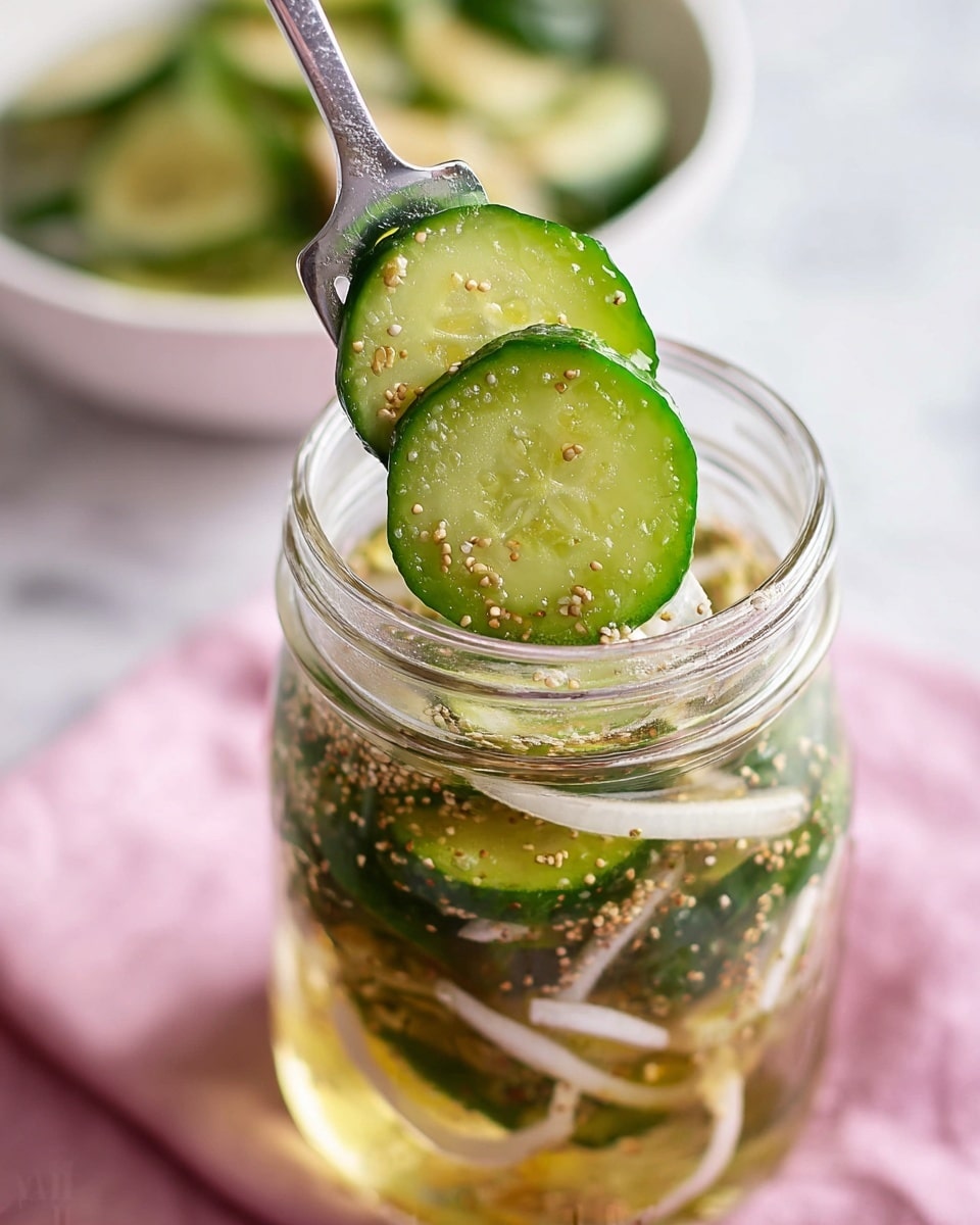 A close-up view shows three bright green cucumber slices, wet and slightly translucent, stacked and pierced on the tips of a silver fork above a clear glass jar filled with a light yellow liquid and floating mustard seeds. Thin white onion slices are mixed with the cucumbers inside the jar. The jar sits on a white marbled surface with a blurred white bowl full of more cucumber and onion slices in the background. A soft pink cloth underlies part of the surface. Photo taken with an iphone --ar 4:5 --v 7