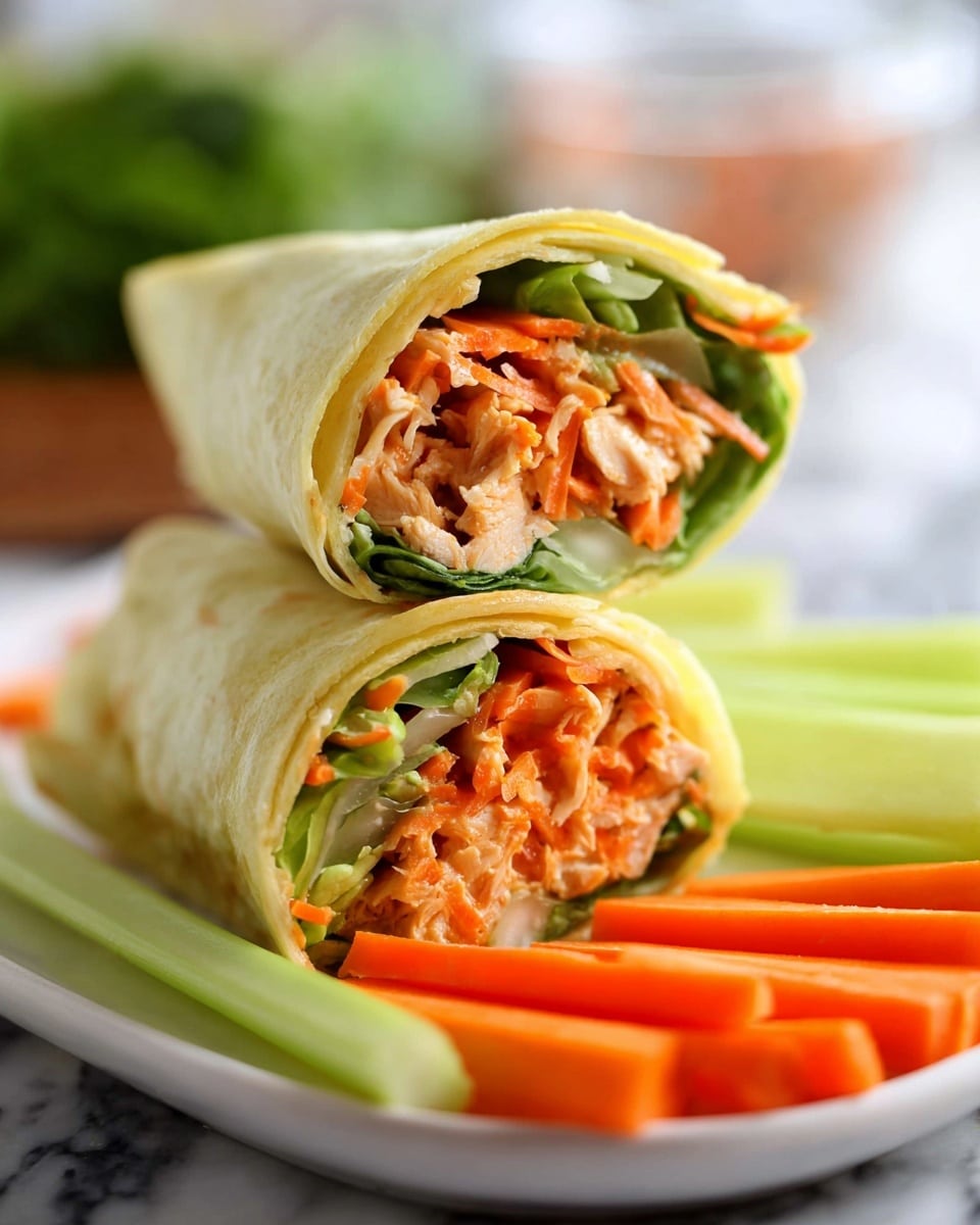 A close-up view of three wrap halves stacked on one side, each wrap made with a pale beige tortilla holding layers inside: green lettuce leaves, orange shredded carrots, chunks of light tan cooked chicken, and a white creamy sauce drizzled on top. The wraps are placed on a large white plate filled with long sticks of bright orange carrots and light green celery, arranged neatly around the wraps. The background and surface are white with a marbled texture, giving a clean and fresh look. photo taken with an iphone --ar 4:5 --v 7