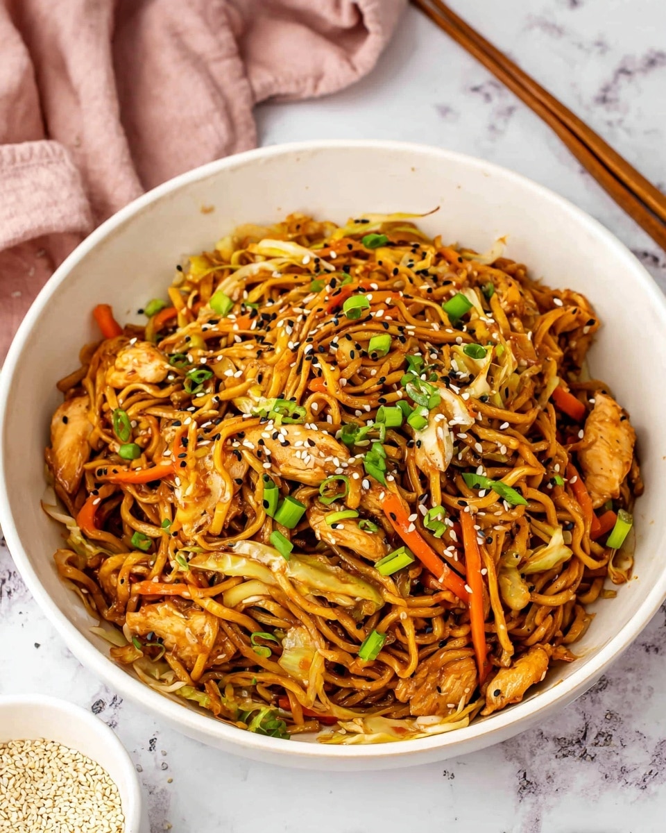A white bowl filled with a colorful mix of stir-fried noodles, small pieces of cooked chicken, thin orange carrot strips, and light shredded cabbage, all coated in a glossy brown sauce. The dish is garnished with chopped green onions and sprinkled with white and black sesame seeds. A pair of wooden chopsticks rests on the edge of the bowl, and a small white bowl with sesame seeds is blurred in the background, set on a white marbled surface with a soft pink cloth nearby. photo taken with an iphone --ar 4:5 --v 7
