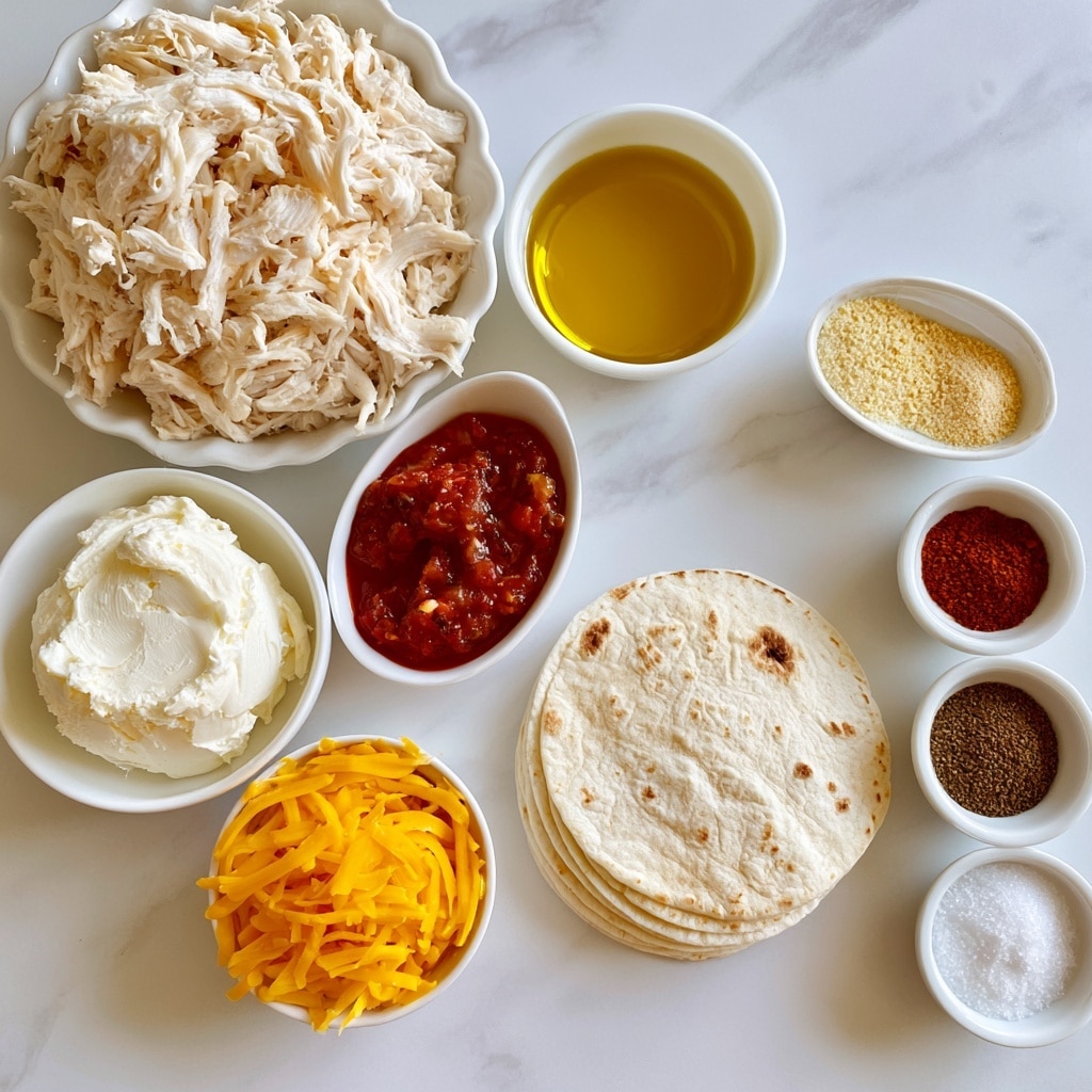The image shows a top-down view of ingredients for a chicken dish on a white marbled surface. There are shredded cooked chicken pieces piled in a white scalloped dish at the top left. Below it, in a round white bowl, is a scoop of smooth cream cheese with a creamy white color. Next to that is a small white bowl with bright yellow shredded cheddar cheese. To the right of these, there is a small white oval dish holding red salsa with visible chunks. Above the salsa, a small white bowl holds golden yellow olive oil with a shiny surface. Near the center-right, a small stack of four pale tortillas with light brown spots lies flat. On the far right, four small white bowls hold dry spices: a yellow-beige garlic powder, reddish chili powder, dark brown cumin, and pure white salt, each with fine textures and vibrant colors. photo taken with an iphone --ar 4:5 --v 7