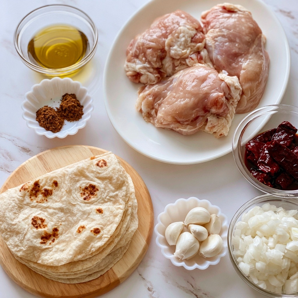 A white oval plate holds three large pieces of raw pink chicken on the top right; to the top left, a small clear glass bowl has golden olive oil. Below it, a small white scalloped bowl with two piles of brown spices sits. To the right, a clear round bowl contains dark red chipotle peppers in adobo sauce. Near the bottom left, a stack of light beige tortillas with brown spots rests on a round wooden board. To the right of the tortillas, a small white scalloped bowl holds several white garlic cloves, and next to it, a clear bowl is filled with white diced onion. The whole setup is on a white marbled surface. Photo taken with an iphone --ar 4:5 --v 7