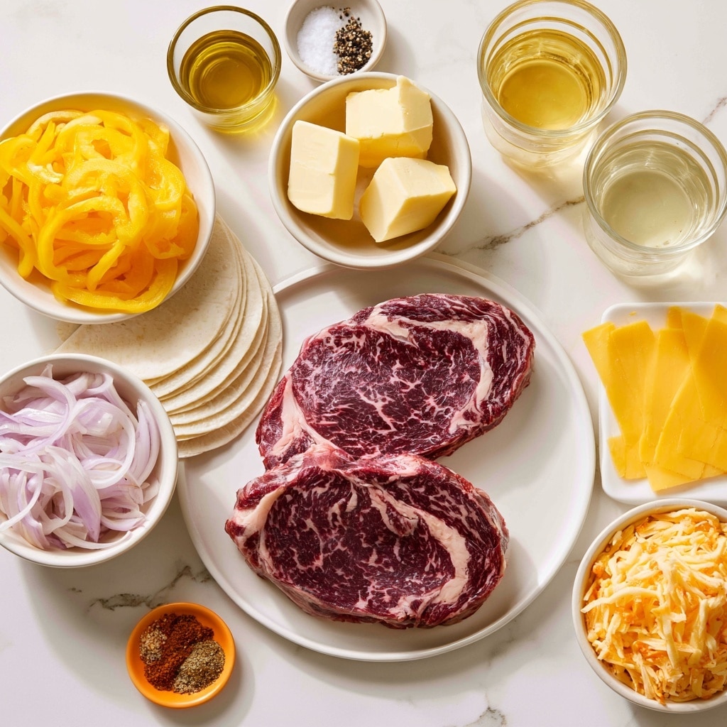 The image shows ingredients neatly arranged on a white marbled surface. There is a white plate with two raw rib-eye steaks, both dark red with light marbling. Above the steaks is a small white bowl holding three cubes of pale yellow butter. To the left of the steaks is a white bowl filled with thinly sliced bright yellow bell pepper strips. Below that bowl is another white bowl containing thin, pale purple shallot slices. Next to the shallots is a stack of white tortillas, thin and round. Above the tortillas, a small clear glass holds golden olive oil. To the right of the steaks, a similar small glass contains light yellow vegetable oil. Below the oils, a small white plate holds three slices of smooth pale yellow cheddar cheese, next to a small bowl full of shredded pale yellow pepper jack cheese. A small circular orange dish at the bottom left is filled with an assortment of brown and red spices. Above the butter dish, a tiny bowl holds salt and black pepper, split in halves. Everything is arranged neatly with bright natural light. Photo taken with an iphone --ar 4:5 --v 7