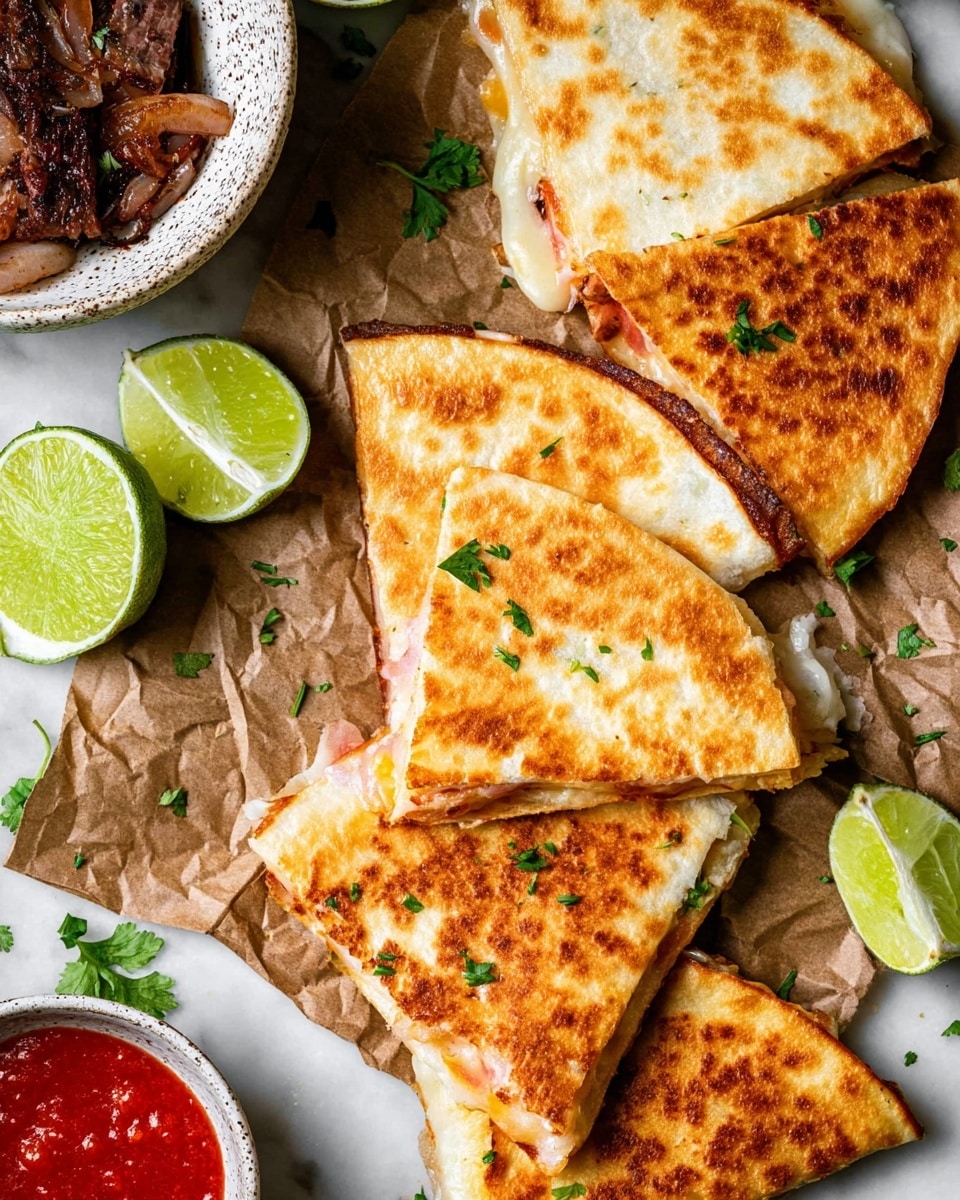 Several toasted quesadilla slices with a golden brown, slightly crispy outer layer are laid on crumpled brown parchment paper over a white marbled surface. Each slice shows a thin outer tortilla layer with a visible layer of melted cheese and cooked filling inside. The quesadillas are sprinkled with small green cilantro leaves. Next to them are lime wedges showing bright green skin and juicy inner flesh. On the top left is part of a white speckled bowl with cooked meat and grilled onions. At the bottom left corner, a white bowl contains red salsa sauce. Photo taken with an iphone --ar 4:5 --v 7