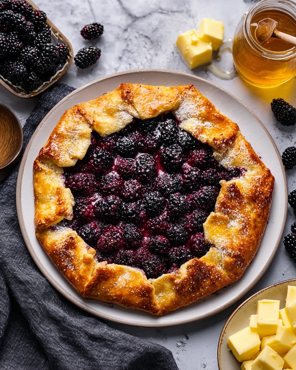 A rustic blackberry galette with one layer, showing a thick golden brown crust folded over edges of dark purple-black blackberries with a juicy texture inside the circle. The crust is flaky with slightly uneven edges and a shiny baked surface. This galette sits on a white plate on a white marbled surface, with a jar of honey and a scattering of butter chunks nearby. Photo taken with an iphone --ar 4:5 --v 7