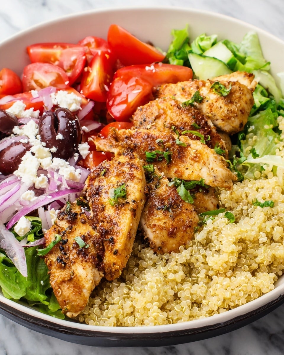 The dish is presented on a white plate filled with five distinct sections: on the right there is a large serving of light beige quinoa topped with small green herb leaves, next to it are three golden brown grilled chicken strips with a slightly crispy texture and some green herb garnishes on top. Moving to the top left, there are sliced cucumber pieces showing pale green skin and lighter green inside. Below the cucumbers are dark purple Kalamata olives, some halved, with a few small green herbs sprinkled on top. Below the olives, there are bright red tomato pieces chopped in chunks, garnished with fresh green basil strips. The bottom left corner holds a serving of white crumbled cheese mixed with black pepper and some green herbs. A silver spoon rests on the quinoa, partially under the chicken. The whole plate sits on a white marbled surface with a fork nearby, and a lemon slice and small red pepper are visible beside the plate. Photo taken with an iphone --ar 4:5 --v 7