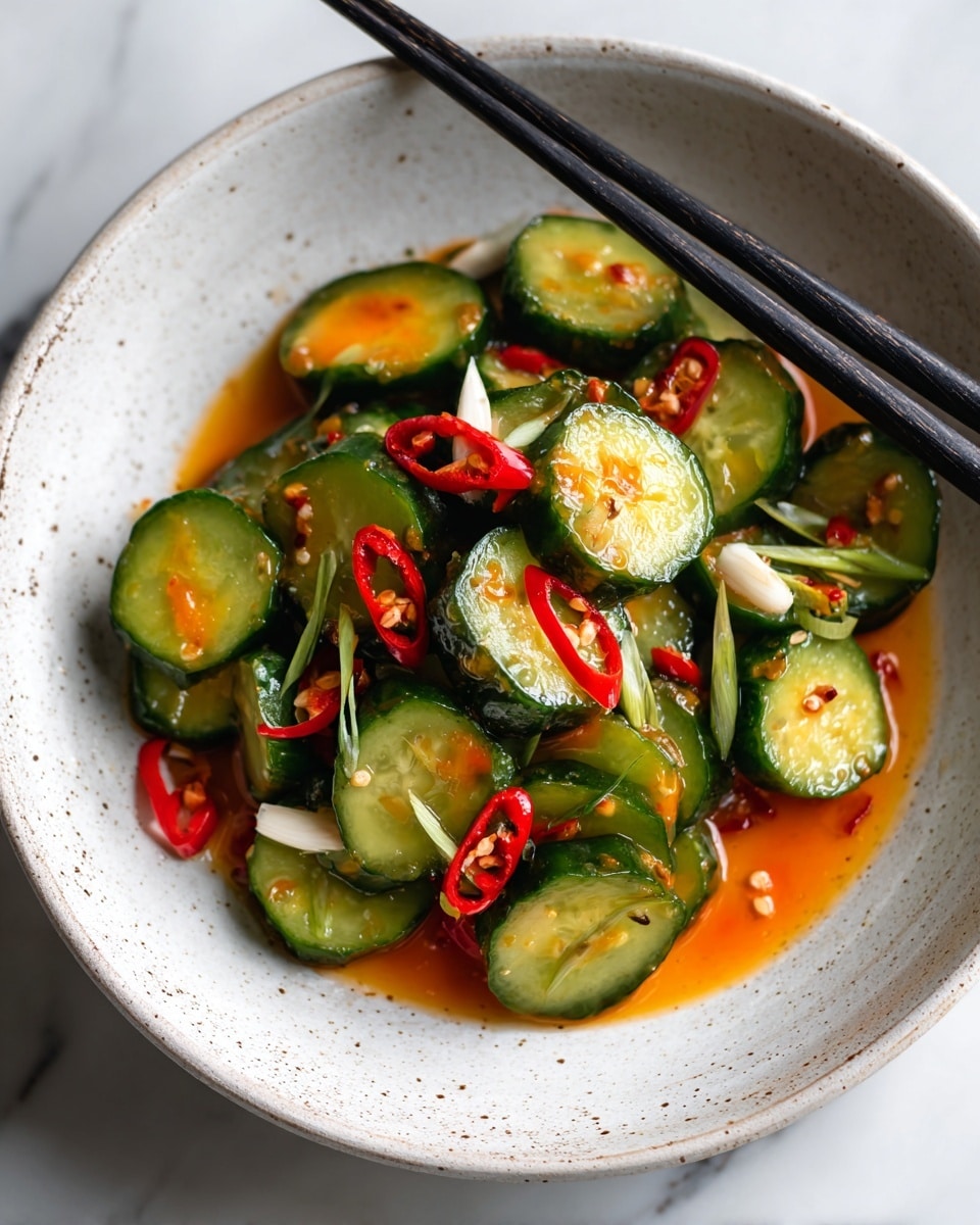 A close-up of small cucumber pieces with dark green skin and light green inside layered on a white speckled bowl, scattered with small bright red chili slices and thin white garlic slices. There is an orange sauce drizzled over the cucumbers, pooling slightly around them. Black chopsticks rest on the edge of the bowl, and the background is a white marbled texture. photo taken with an iphone --ar 4:5 --v 7