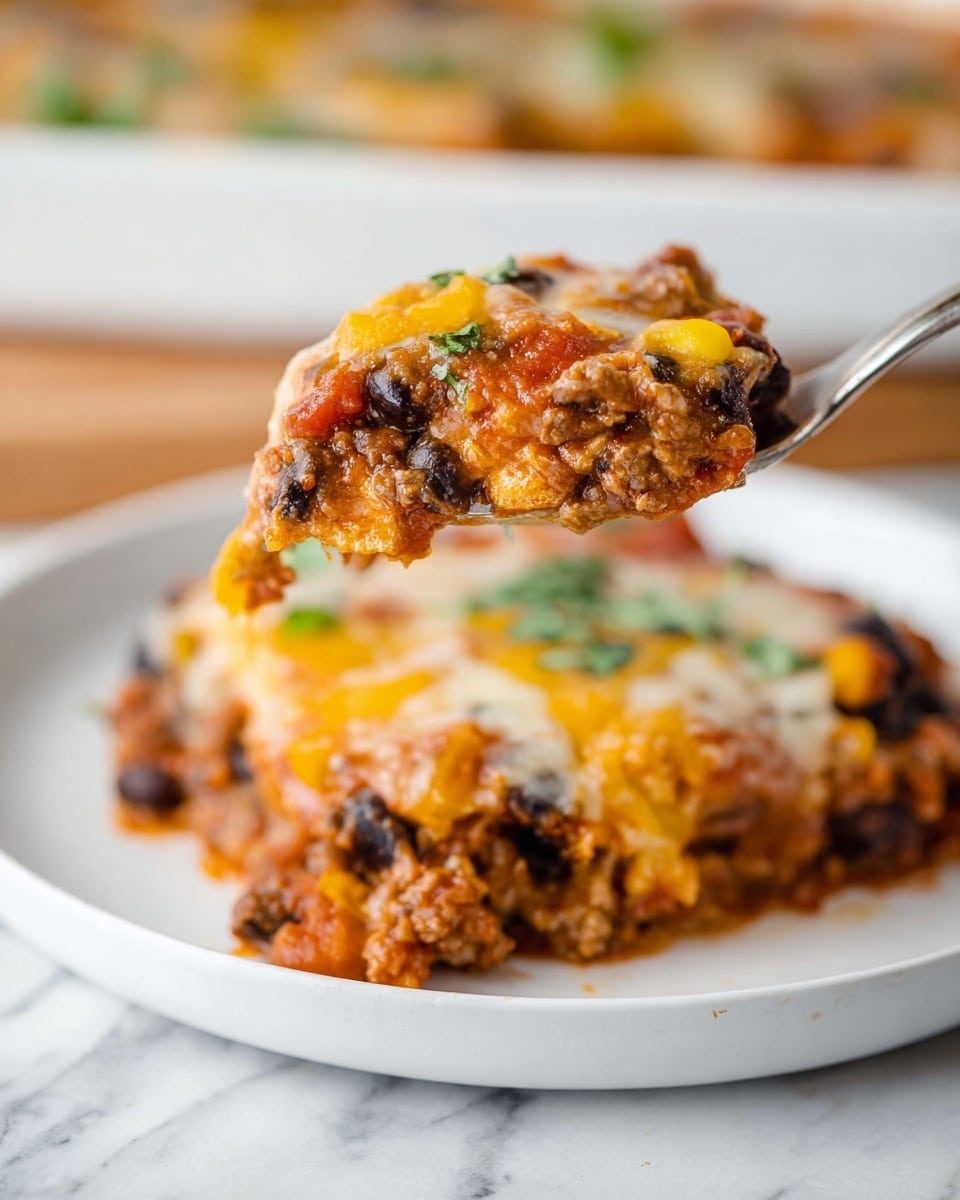 A close-up view of a spoon holding a thick scoop of baked layered dish with rich textures and colors; the first layer on the spoon shows a mix of browned ground meat and black beans with a tomato-based sauce in red and orange tones, topped with melted creamy white cheese. In the background, a white plate holds the rest of the dish, showing multiple layers including more cheese melted on top with chunks of bright yellow cheese and scattered green herbs. The plate rests on a white marbled surface. photo taken with an iphone --ar 4:5 --v 7