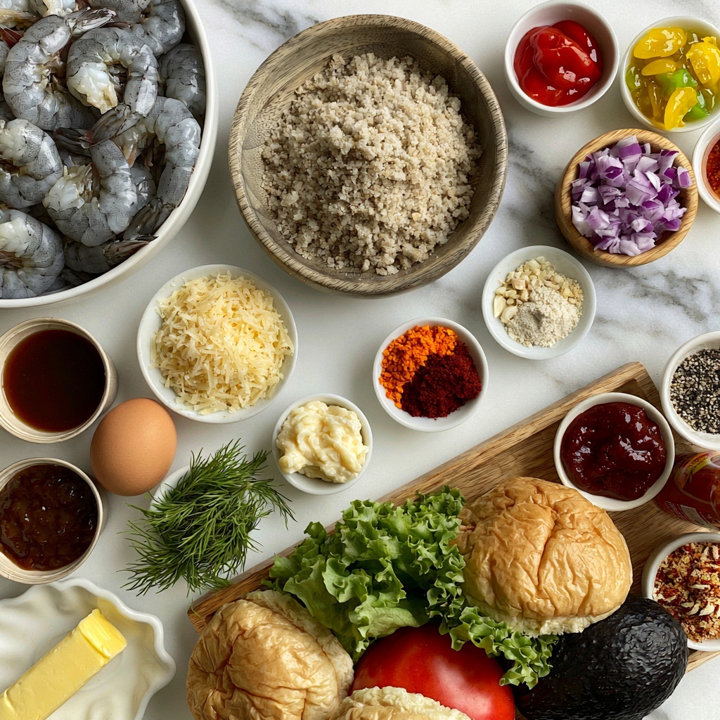 A top-down view of ingredients neatly arranged on a white marbled surface, featuring a large round white bowl filled with many gray raw shrimp at the top left. To the right of the bowl, a medium wooden bowl holds fine light brown breadcrumbs. Below the breadcrumbs, a small white bowl is filled with finely grated pale yellow Parmesan cheese. Next to the cheese, an egg sits alone near a tiny white bowl of mashed creamy garlic and a small wooden bowl of finely chopped purple onion. Between these, a small cup of dark brown Worcestershire sauce is placed beside fresh green dill in another small white bowl. Below are small white bowls containing bright orange Old Bay seasoning, deep red paprika, garlic powder, and black pepper, arranged in a line. At the bottom left, a white dish holds a stick of yellow butter above three fresh burger buns, a green leaf of lettuce, a red tomato, and a black avocado arranged on a wooden tray. Nearby, small bowls hold bright red ketchup, a yellow-green sweet relish, hot sauce, and Cajun seasoning. The setup is clean, colorful, and well-organized, with labels in white text on blue blocks identifying each ingredient. photo taken with an iphone --ar 4:5 --v 7