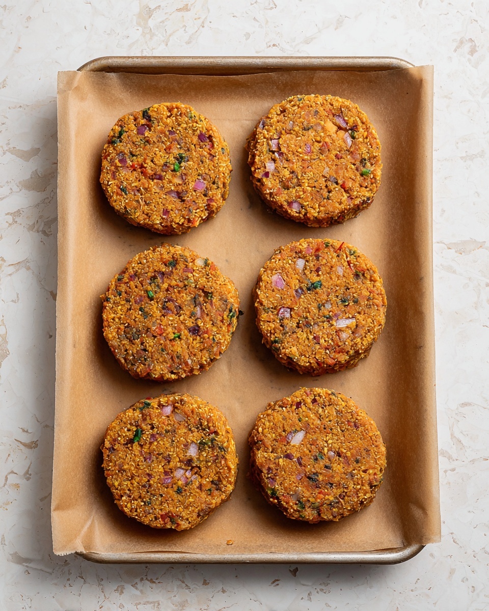 Six round patties with a rough texture made from a mix of orange-brown crumbs, small bits of red onion, green herbs, and other small pieces are placed in two rows on brown parchment paper inside a rectangular baking tray. The baking tray sits on a white marbled surface. Each patty is about the same size and thickness, spaced evenly without touching each other. Photo taken with an iphone --ar 4:5 --v 7