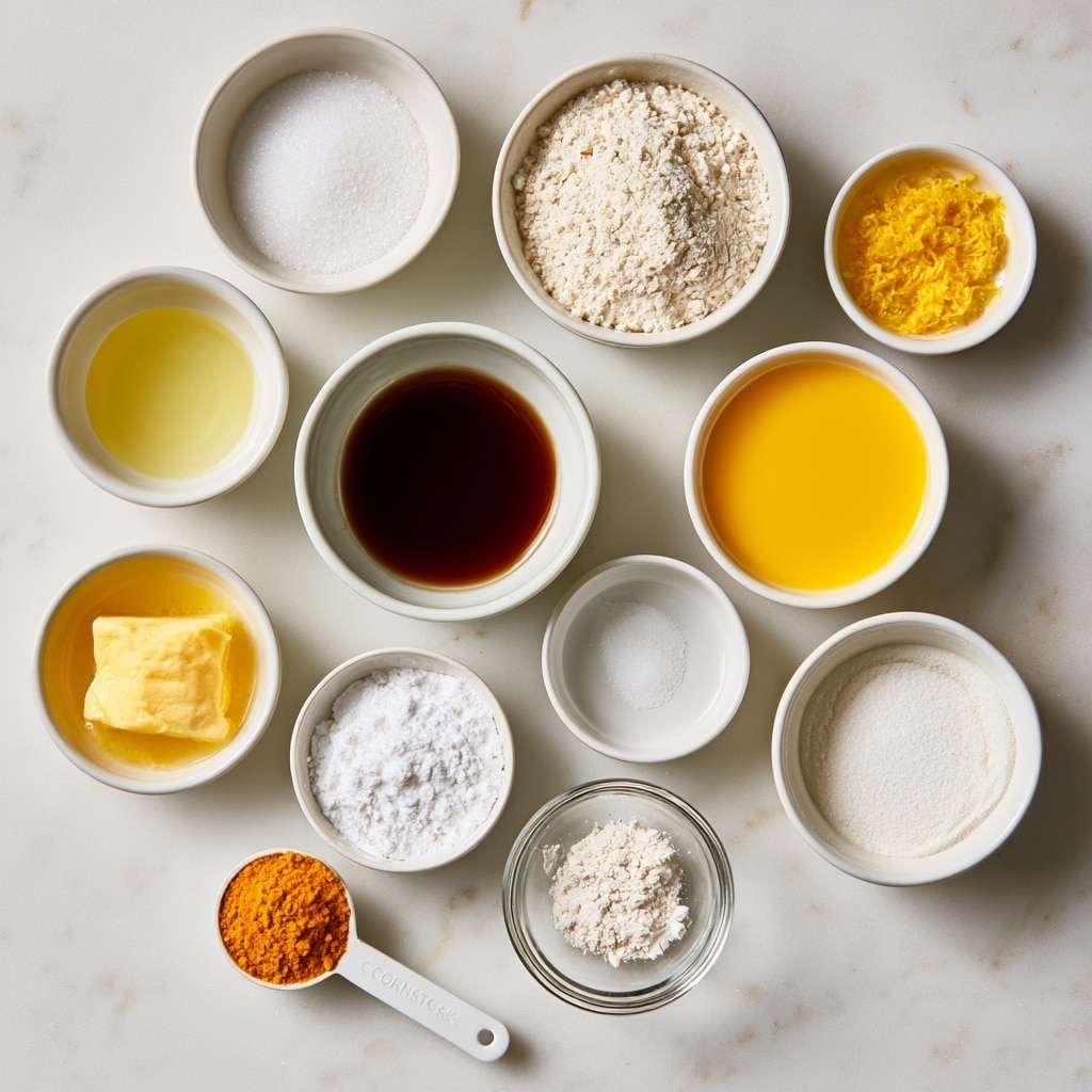 The image shows eleven small white bowls and a white measuring spoon placed on a white marbled surface. Each bowl holds a different ingredient: a bowl with fine white granulated sugar, a bowl filled with all-purpose flour with a slightly uneven texture, a bowl of bright yellow lemon zest, a bowl of clear yellow fresh lemon juice, a bowl with dark brown vanilla extract, a bowl of bright yellow melted vegan butter, a small bowl of white powdered sugar with a fluffy texture, a bowl of white kosher salt, a small glass bowl of baking powder with a powdery texture, a small glass bowl of cornstarch, and a white measuring spoon filled with ground turmeric showing a vibrant orange color. Each ingredient is labeled with text placed clearly nearby. photo taken with an iphone --ar 4:5 --v 7