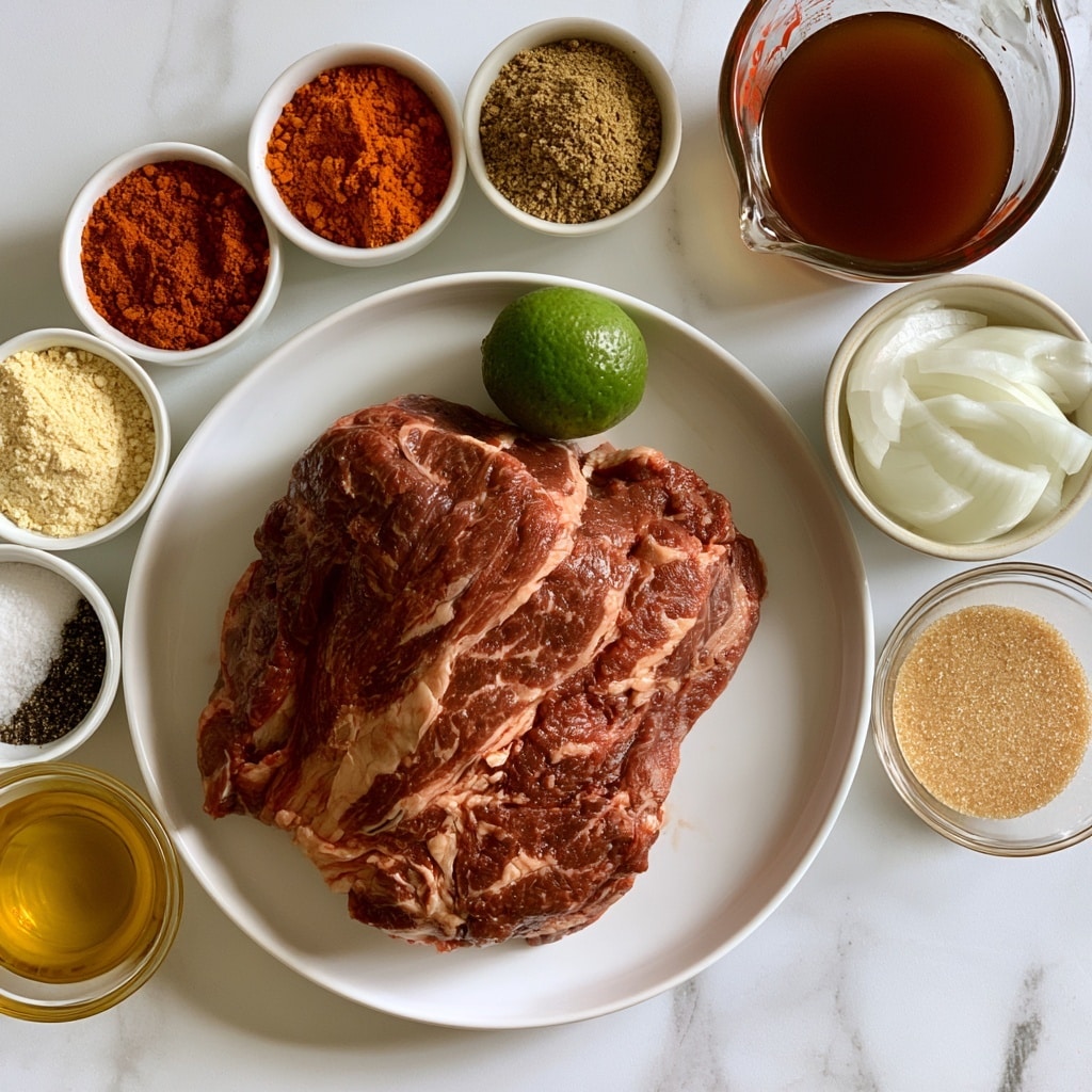 A white plate on a white marbled surface holds a raw beef roast with visible marbled fat and muscle texture. Around it, small white bowls and glass containers lay in a loose semicircle, each filled with distinct cooking ingredients: paprika and chili powder show warm red and orange powdered spices, cumin displays a crumbly light brown texture, garlic powder and onion powder appear as fine light yellow powders, white salt and black pepper sit in small white bowls with granular textures, and a small glass bowl contains golden oil with a smooth liquid surface. There is a glass measuring cup with dark brown broth, a small glass bowl with light brown sugar crystals, and a small round bowl of white sliced onions with a smooth, glossy surface. A whole lime with a bright green, dimpled texture rests near the center. Photo taken with an iphone --ar 4:5 --v 7