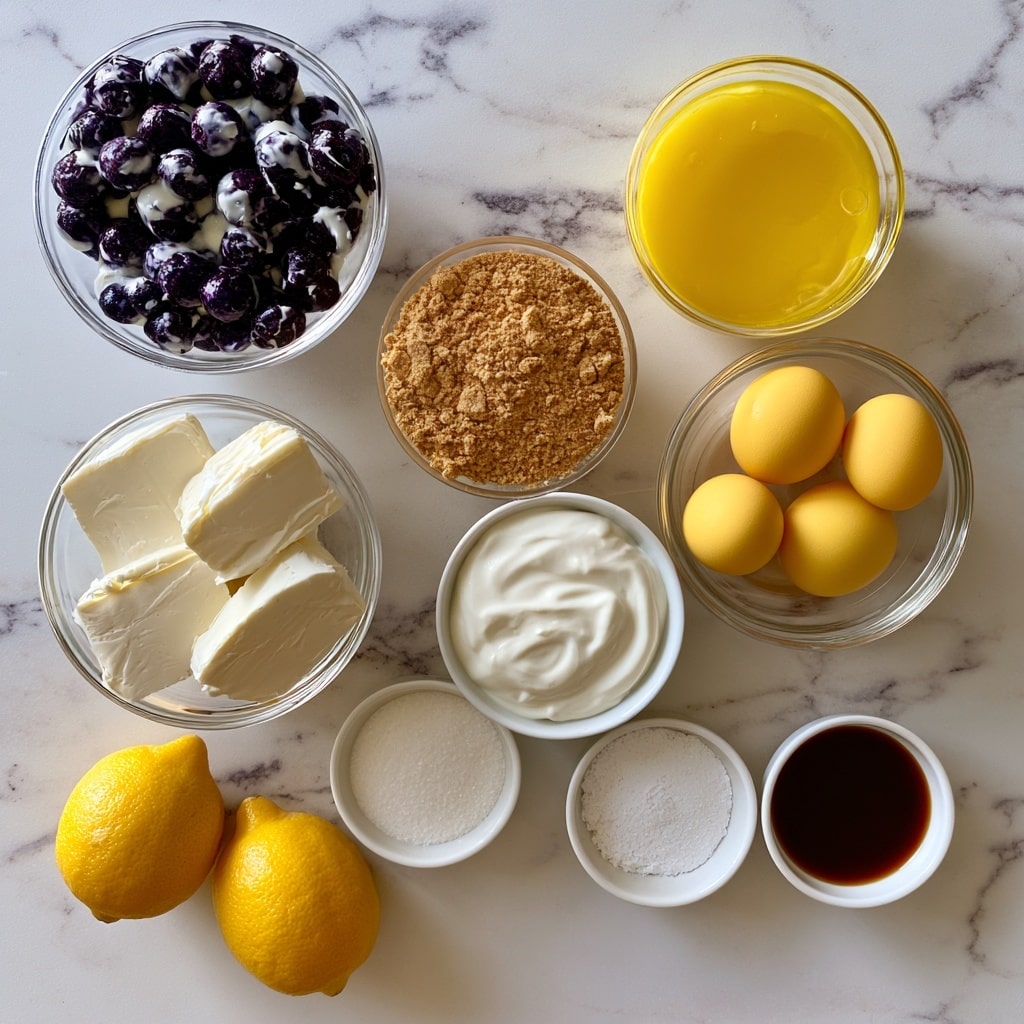 The image shows ingredients for a dessert arranged neatly on a white marbled surface. There are several glass bowls with different contents: a clear bowl filled with dark purple berries covered in white chocolate, a bowl of light brown graham crumbs, another with melted yellow butter, and a bowl with four raw yellow eggs. In addition, there is a bowl with three white slabs of cream cheese, a bowl of thick white yogurt, and small bowls containing white sugar, white corn starch, and dark brown vanilla extract. Two bright yellow lemons sit together on the marbled surface. The colors range from white and yellow to deep purple and light brown, creating a clean and inviting visual of the dessert ingredients, photo taken with an iphone --ar 4:5 --v 7