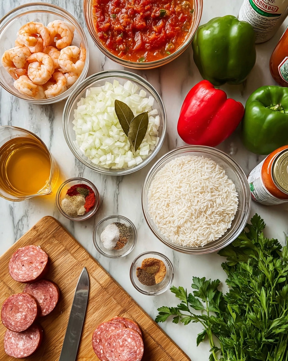 The image shows a white marbled surface with various ingredients arranged neatly. In the center is a clear glass bowl filled with white rice, surrounded by a glass bowl of chopped white onions with a bay leaf on top, a glass bowl with mixed spices in four sections—paprika, garlic powder, dried thyme, and oregano, and a glass bowl holding peeled shrimp. There are two whole bell peppers, one green and one red, placed next to two open cans of diced tomatoes. A clear glass measuring cup filled with golden broth and a bottle of hot sauce are near a bunch of fresh green parsley. On a wooden cutting board at the bottom, slices of sausage and a whole sausage with a knife are positioned. Photo taken with an iphone --ar 4:5 --v 7