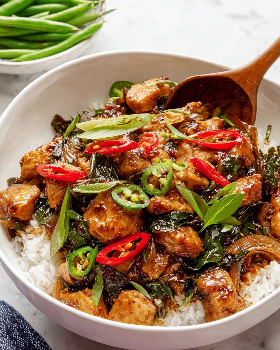 A white bowl filled with a layered dish starting from the bottom with a layer of white rice, topped with chunks of golden-brown cooked chicken pieces covered in a shiny, slightly thick dark sauce, mixed with wilted dark green leaves and cooked onions. Scattered on top are thin slices of fresh bright red chili peppers and green chili peppers adding a burst of color. The dish is being stirred with a wooden spoon, and in the background, another white bowl contains fresh, sliced green beans, all set upon a white marbled surface. Photo taken with an iphone --ar 4:5 --v 7