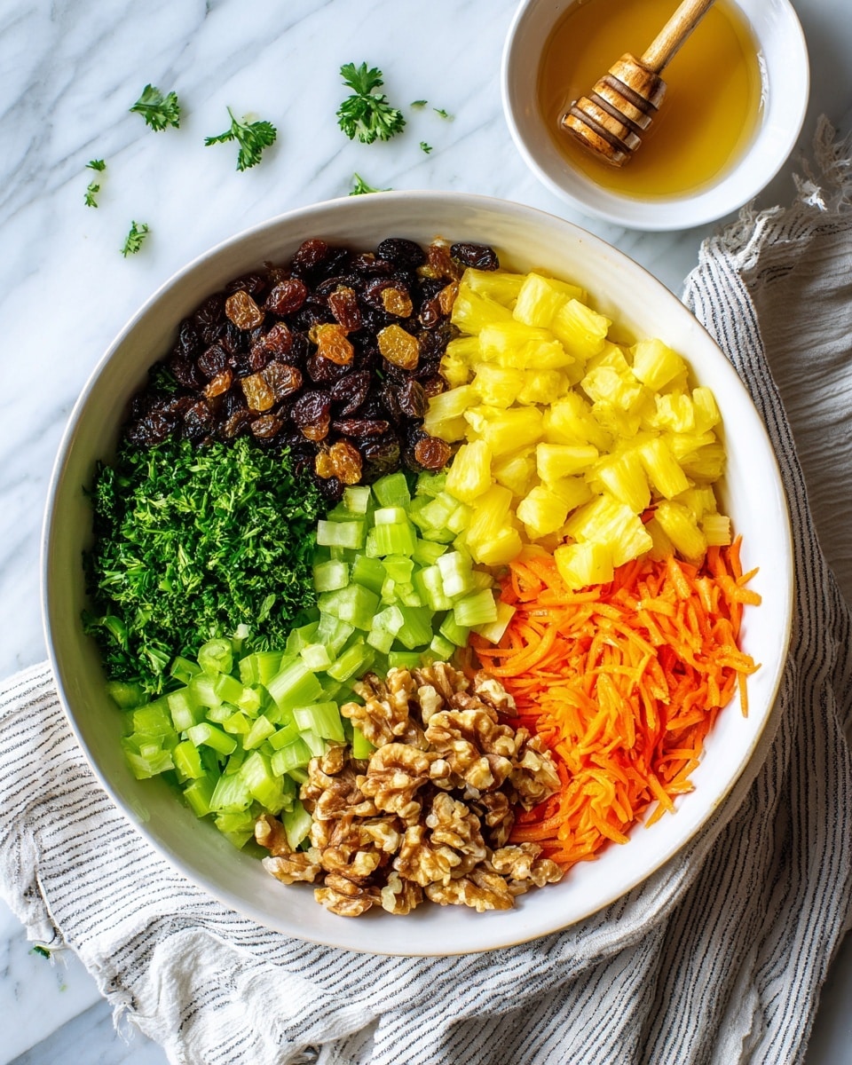 A large white bowl contains seven different layers, each forming a colorful cluster; at the top left are dark brown raisins with a wrinkled texture, next to them on the right are bright yellow pineapple chunks with a juicy, rough surface, to the right of that is light green chopped celery with a crisp, smooth texture. Below the celery to the right is orange shredded carrot with a fibrous look, next to the carrot at the bottom is a pile of light brown walnut pieces with uneven, bumpy surfaces, and to the left of walnuts is a dense pile of finely chopped dark green parsley. The bowl sits on a white marbled texture with a striped cloth beneath it, and nearby is a small white bowl filled with golden honey with a honey dipper resting inside. Photo taken with an iphone --ar 4:5 --v 7