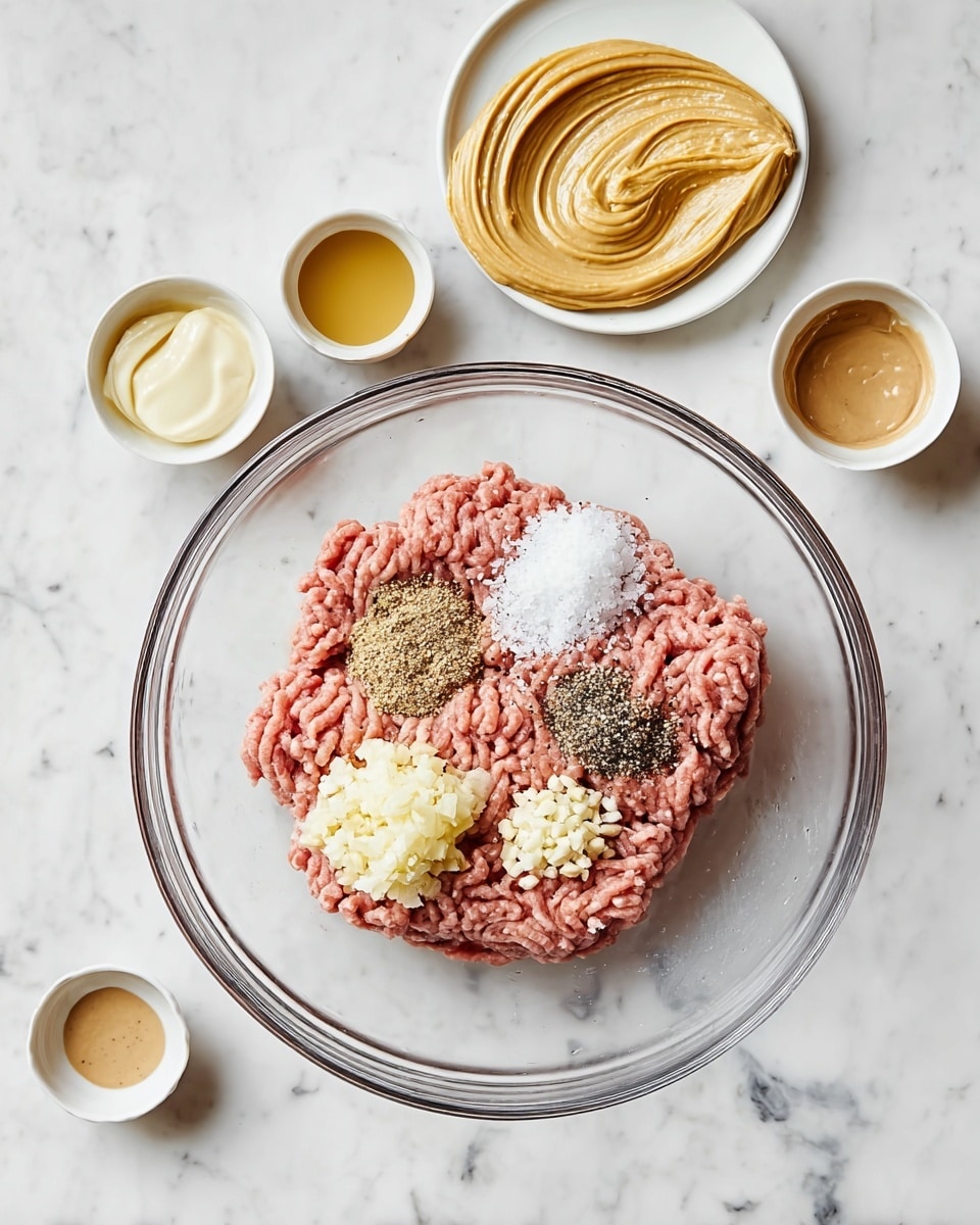 A clear glass bowl sits on a white marbled surface, filled with raw light pink ground meat spread flat. On top of the meat are five separate piles: coarse white salt, crushed black pepper, pale yellow mustard, white creamy mayonnaise, and finely chopped garlic with a pale off-white color. Above the bowl, a white plate shows a spread of thick mustard in smooth irregular swirls. Around the bowl, small white and beige bowls hold various liquids and creamy substances with different shades of brown and cream. Photo taken with an iphone --ar 4:5 --v 7
