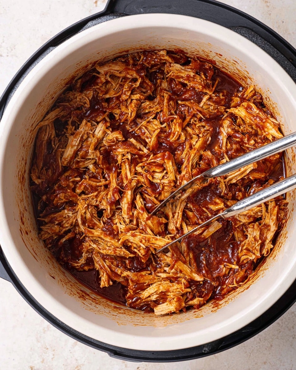 Inside a round white cooking pot with a smooth inner surface, there is a large pile of shredded pulled chicken coated in a rich, glossy dark reddish-brown barbecue sauce. The chicken strands are tender and moist, with some thicker and some thinner pieces mixed together. Two metal forks with shiny textures are partly inside the chicken, positioned near the middle of the pot. The outer edge of the pot is black, contrasting with the white marbled surface underneath. photo taken with an iphone --ar 4:5 --v 7