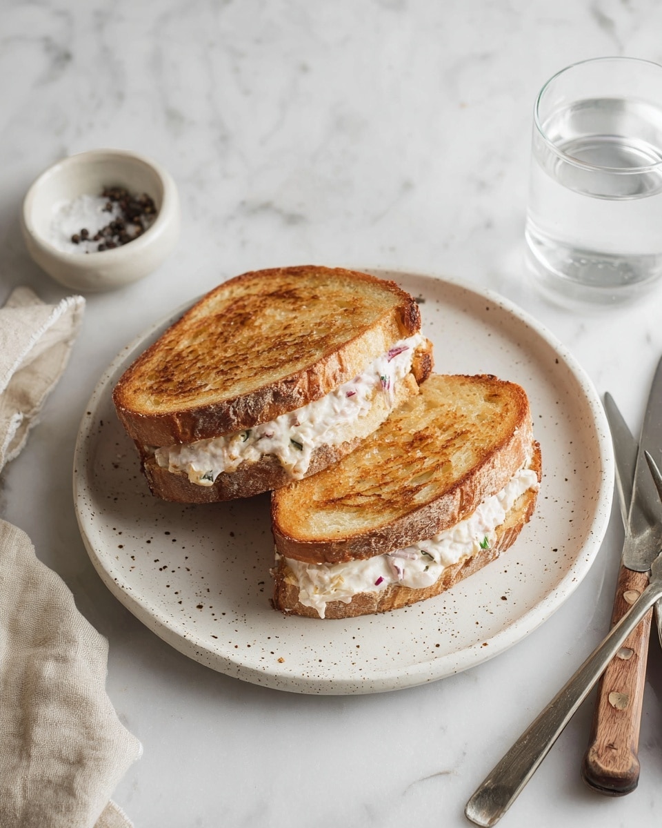 A toasted sandwich cut in half shows two slices of golden brown bread with a crispy texture. Inside, there is one thick layer of creamy filling with white, light pink, and small green bits, placed evenly between the bread slices. The sandwich is on a white speckled plate set on a white marbled surface. Next to the plate, a white bowl with coarse salt and peppercorns is visible, along with a clear glass of water and a fork and knife with wooden handles near a folded beige cloth. photo taken with an iphone --ar 4:5 --v 7
