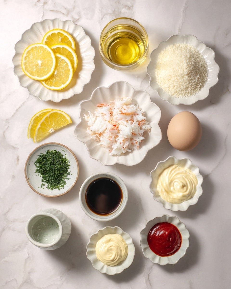 The image shows a flat white marbled surface with various white bowls and small dishes arranged neatly. In the middle, a scalloped white bowl holds shredded white crab meat. To the top left, a white scalloped plate has four stacked lemon slices, and next to it, a clear glass filled with a golden-yellow liquid sits. At the top right, a white scalloped bowl contains a mound of white panko breadcrumbs. Below it, a white scalloped bowl with a whole egg sits next to a small ceramic dish holding dark soy sauce. Near the bottom right, a small dish has bright red ketchup. In the lower area, there are three small white bowls: one with green chopped herbs, one with pale grated ginger, and one filled with a creamy white sauce with green bits. Two other small white bowls contain thick yellow mustard and a swirl of white mayonnaise, all placed on the white marbled surface in a clean, bright setting. Photo taken with an iphone --ar 4:5 --v 7