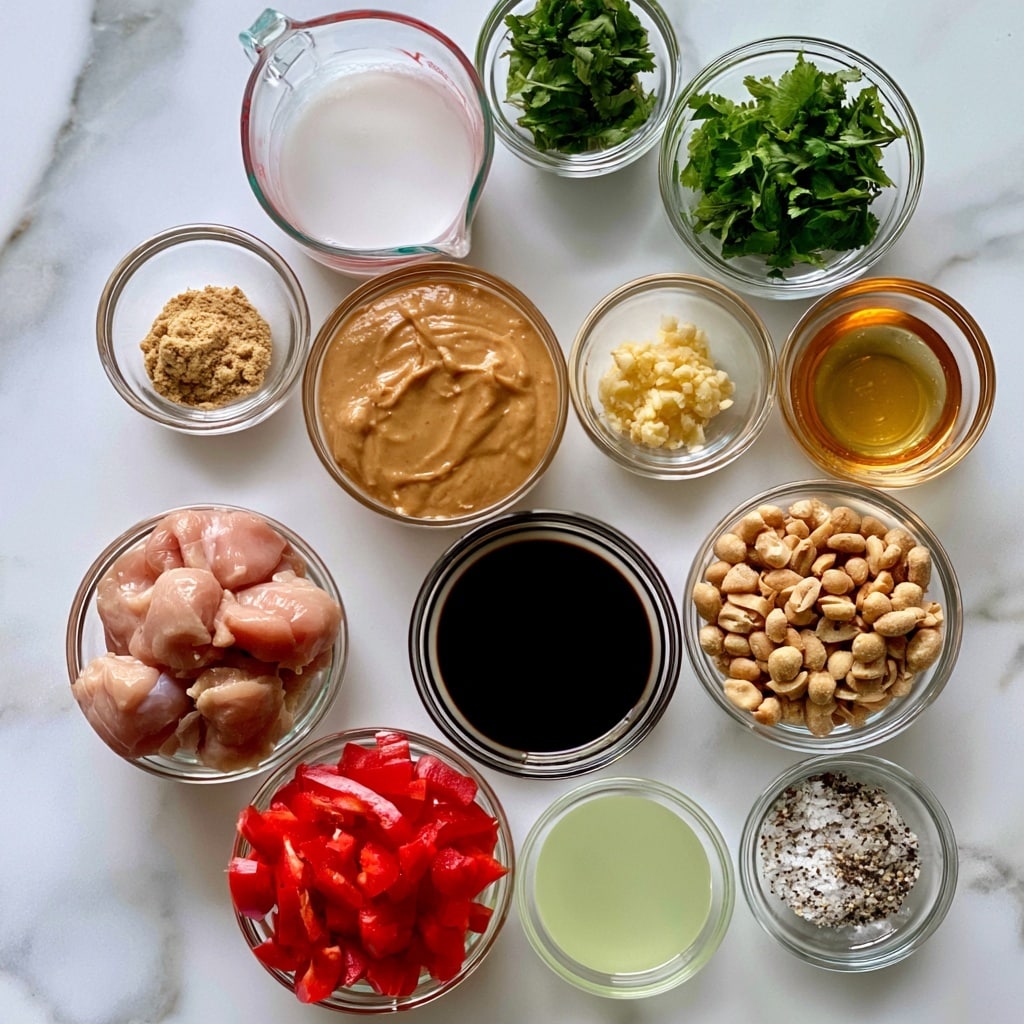 The image shows small clear glass bowls and a measuring cup arranged neatly on a white marbled surface, each holding different ingredients. Starting from the left, there is a bowl filled with light pink chicken pieces, next to it is a bowl with bright red sliced bell peppers. Above that is a small bowl with light brown ground ginger powder. Toward the centre top, a measuring cup with white coconut milk sits beside a bowl of smooth tan peanut butter. Nearby is a bowl of shiny black soy sauce and a small bowl of light yellow minced garlic. Above the garlic is a bowl of chopped fresh cilantro with green leaves. To the right, a bowl with clear golden honey rests beside a bowl filled with light brown dry roasted peanuts. At the far right bottom, there is a small bowl of light green lime juice and next to it, a small bowl with a salt and pepper mix that is white and black speckled. Photo taken with an iphone --ar 4:5 --v 7