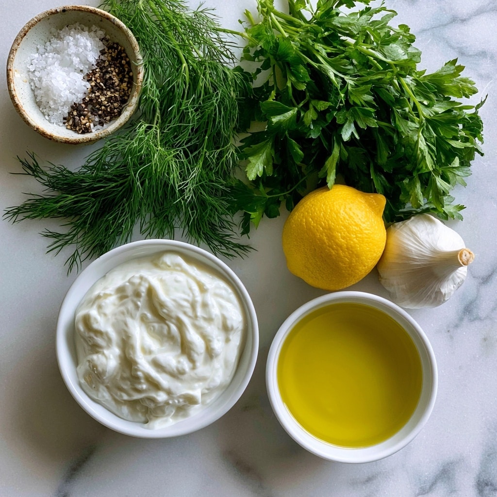 The image shows fresh ingredients neatly arranged on a white marbled texture. There are two small white bowls, one filled with smooth, thick Greek yogurt and the other holding bright yellow olive oil. To the upper left, a small rustic bowl contains coarse white salt and cracked black pepper. Fresh green herbs, including a bunch of dill with thin, feathery leaves and a bunch of parsley with broader leaves, lie spread out beside the bowls. A whole bright yellow lemon and a bulb of white garlic sit on the surface near the herbs, adding more color and texture to the composition. The overall layout feels clean and fresh, with a bright natural light enhancing the colors. Photo taken with an iphone --ar 4:5 --v 7