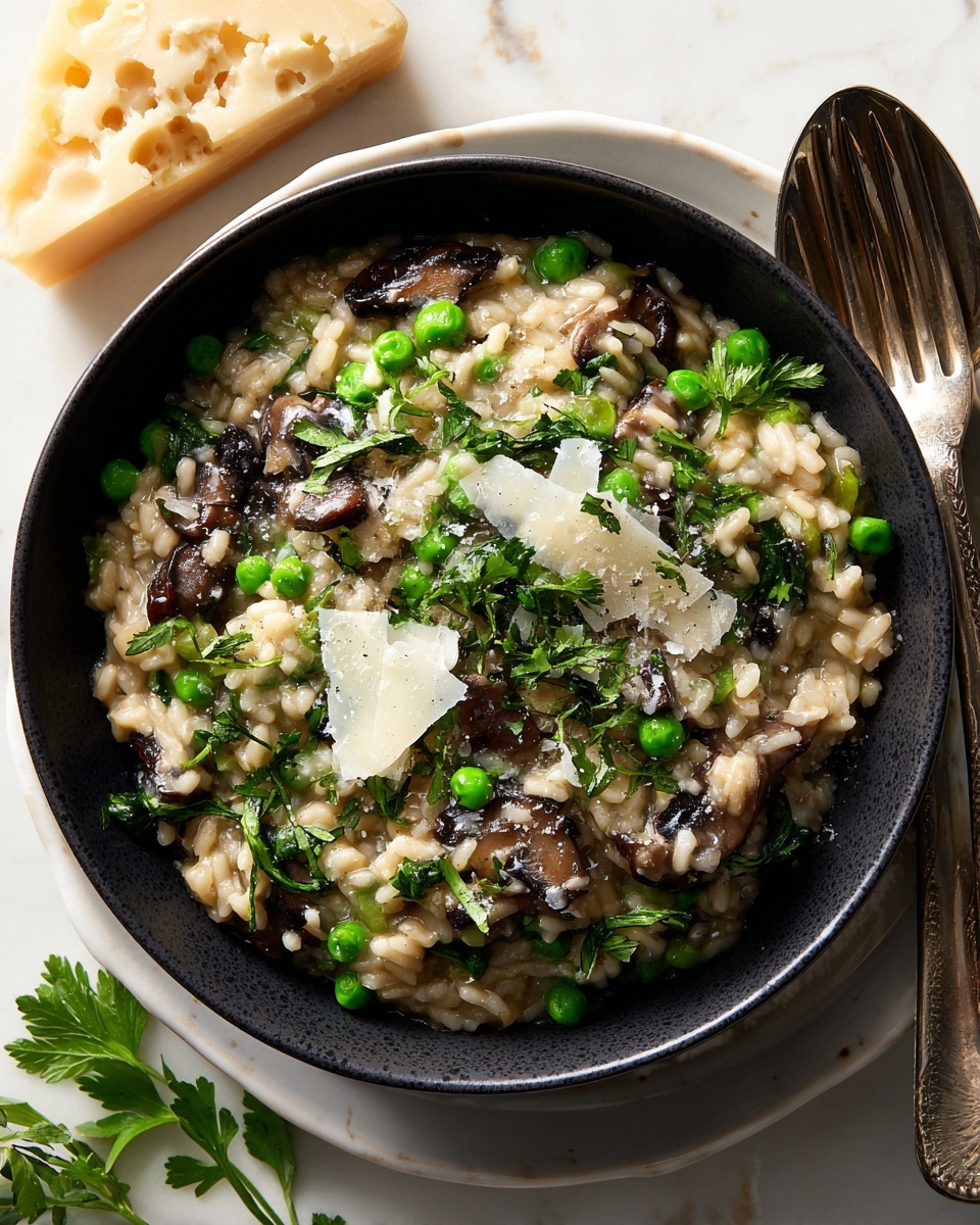 A close-up top view of a black bowl filled with creamy risotto that has visible layers of light beige rice mixed with dark brown cooked mushrooms and bright green peas and spinach pieces. On top, there are thin, off-white cheese shavings layered over fresh green parsley leaves. The bowl is set on a white plate with a spoon and fork on the right side, all placed on a white marbled surface. Near the bowl is a chunk of pale yellow cheese with small holes. The lighting highlights the creamy and textured look of the risotto and the freshness of the greens. photo taken with an iphone --ar 4:5 --v 7