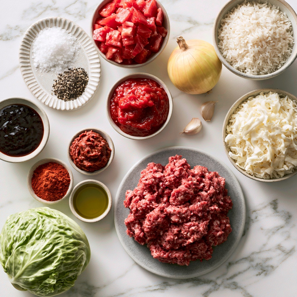 The image shows various cooking ingredients arranged on a white marbled surface. At the center bottom, there is a large piece of raw ground beef placed on a gray plate. Above it to the right, a whole yellow onion sits next to a small white bowl filled with white rice. Near the top left, a white bowl holds chopped red tomatoes with visible seeds and juice. Below it is a small white plate with salt, and further left, a small white bowl contains dark Worcestershire sauce. Near the bottom left, a whole green cabbage with pale green and white leaves rests. To the lower right of the cabbage, there are three small white bowls with paprika powder, dark tomato paste, and golden olive oil, arranged vertically. Just above these is a white bowl of red tomato puree, while a small white bowl filled with shredded white mozzarella cheese is to the right of the beef. Two garlic cloves and a small amount of black pepper in a white bowl are near the onion. All items are neatly spaced, and the image has clear and bright lighting. Photo taken with an iphone --ar 4:5 --v 7