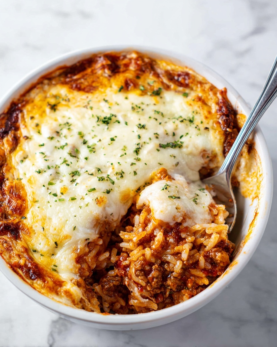 A white bowl filled with a layered baked dish showing three main layers: the bottom layer has a mix of cooked rice and ground meat in a dark red sauce with bits of onion visible, the middle layer is melted white cheese spreading unevenly and mixing into the rice and meat, and the top layer is a thick, smooth, slightly browned sheet of melted cheese sprinkled with small green herbs. A silver spoon is digging into the right side of the bowl, revealing the inside layers. The bowl sits on a white marbled surface. Photo taken with an iphone --ar 4:5 --v 7