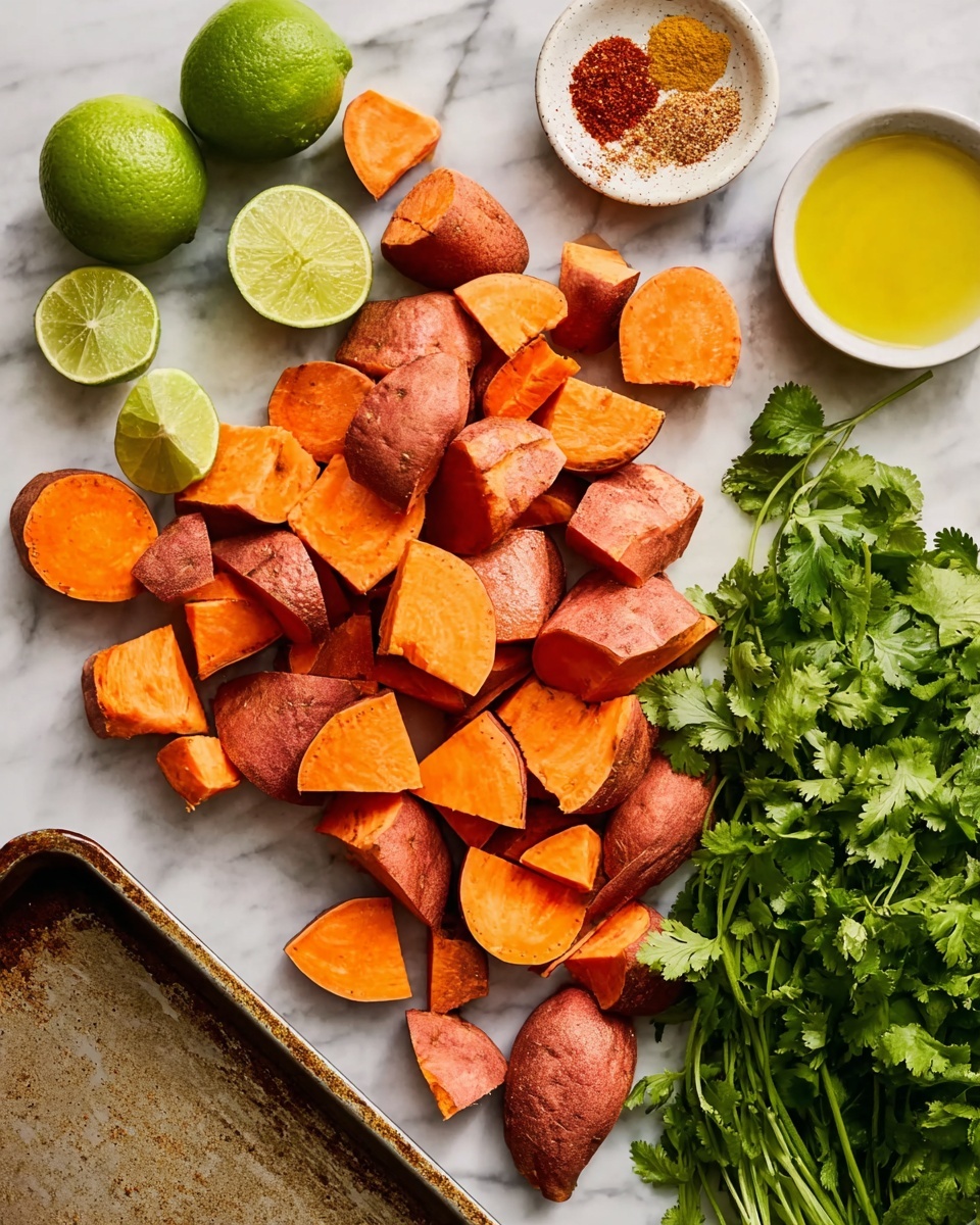 The image shows many pieces of fresh orange sweet potatoes with rough reddish skins, cut into different sizes and spread out on a white marbled surface. Four halves of bright green limes are on the left side. A small white bowl with mixed ground spices in red, yellow, and brown colors sits near the top right. Next to it is a small white bowl filled with golden yellow oil. A large bunch of fresh green cilantro with textured leaves is at the bottom right. An empty, worn metal baking pan takes up the bottom left corner of the scene. photo taken with an iphone --ar 4:5 --v 7
