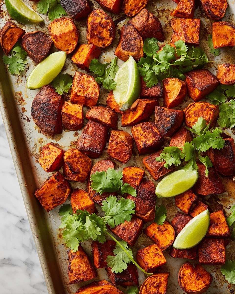 This image shows many roasted sweet potato pieces in different shapes and sizes spread on a baking tray. The sweet potatoes have a deep orange color with a dark brown, slightly crispy, and textured surface from roasting. Scattered fresh green cilantro leaves with jagged edges lay on and between the sweet potato pieces, adding bright color contrast. Several lime wedges with bright green skin and pale juicy flesh are also placed among the sweet potatoes. The baking tray is light with faint stains from cooking, all set on a white marbled surface. photo taken with an iphone --ar 4:5 --v 7