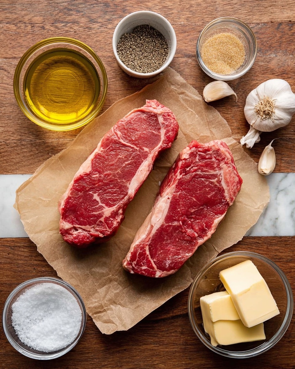 Two raw red steaks with white marbling are placed side by side on a piece of brown parchment paper in the center. Around the steaks are small glass bowls and containers holding different ingredients: a clear bowl with yellow olive oil at bottom left, a bowl with white salt below that, a measuring spoon filled with black pepper seeds at upper left, a bowl with light brown seasoning in the top center, a glass bowl with two slices of pale yellow butter at bottom right, and two cloves of fresh garlic resting directly on the wooden surface near the top right. The whole setup is on a white marbled textured surface that looks like a clean kitchen counter. photo taken with an iphone --ar 4:5 --v 7