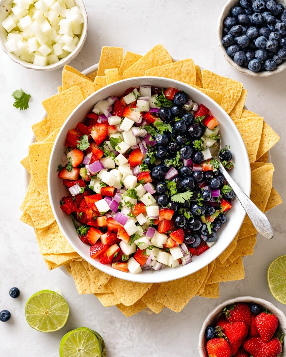 A clear glass bowl holds a fresh fruit and herb mix with three main layers: bright red strawberry slices, deep blue whole blueberries, and white cubed fruit pieces, all evenly mixed with green cilantro leaves and small purple onion bits. A white spatula with a wooden handle rests inside the bowl, partially covered by the mix. The bowl is placed on a surface with a white marbled texture, and a piece of light gray cloth is seen in the background. Photo taken with an iphone --ar 4:5 --v 7