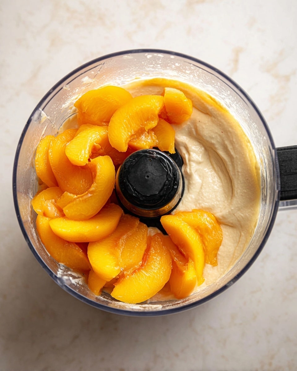 The image shows a clear food processor container filled with two visible layers: a creamy light beige mixture at the bottom with a smooth and thick texture, and a top layer of bright orange frozen peach slices scattered unevenly over the cream. The food processor black blade is in the center, surrounded by the creamy base and fruit. The container sits on a white marbled surface. photo taken with an iphone --ar 4:5 --v 7