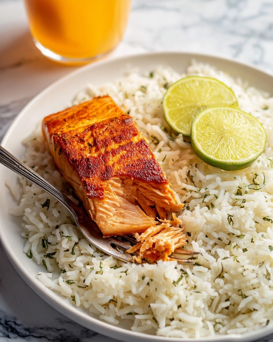 The image shows a white plate filled with one layer of white rice mixed with small green herbs evenly spread all around. On top of the rice, there is one thick piece of cooked salmon with a golden brown and slightly crispy surface, showing a rich orange color and flaky texture inside where it has been cut showing the layers clearly. Two slices of fresh lime, bright green with a juicy and slightly shiny look, rest on the rice next to the salmon. A silver fork is partially inserted into the salmon piece. The plate sits on a white marbled surface and a partly visible glass with orange liquid appears above the plate. Photo taken with an iphone --ar 4:5 --v 7