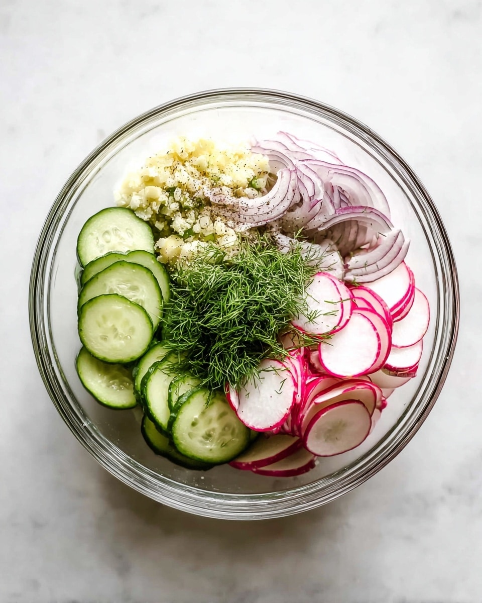 A clear glass bowl holds a fresh salad with thinly sliced cucumber arranged in a neat stack on the bottom left, light pink radish slices with white centers and red edges layered along the right side, thin pale purple shallots piled near the top, finely chopped light yellow garlic in the center, and a small heap of bright green dill next to the garlic. Ground black pepper and salt are sprinkled over the ingredients. The bowl sits on a white marbled surface. Photo taken with an iphone --ar 4:5 --v 7