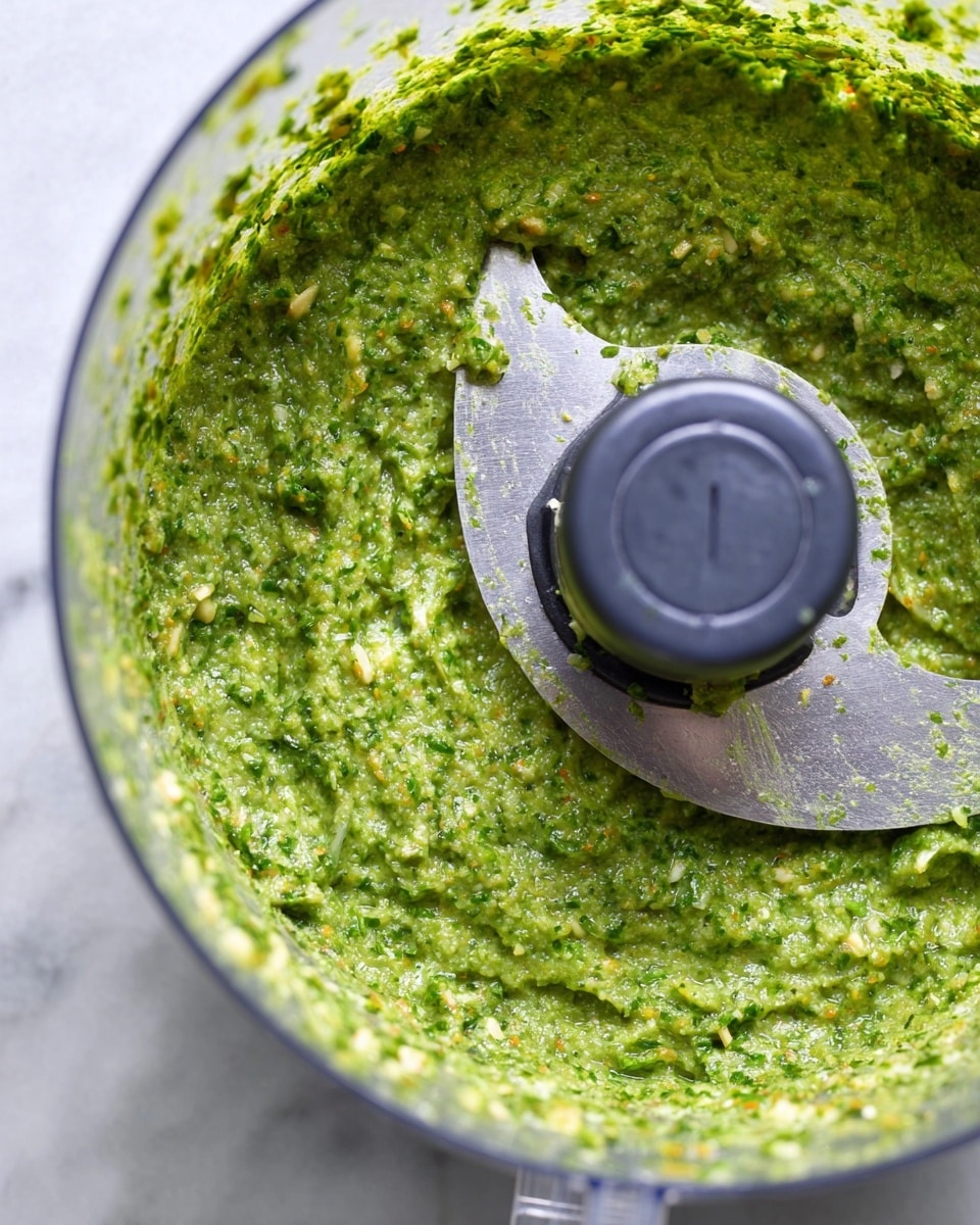 A close-up view inside a clear food processor bowl shows a thick green sauce with a slightly chunky texture spread around the sharp steel blade in the center. The sauce has tiny bits of herbs and nuts visible throughout, with bright green and pale yellow colors mixed together. The sauce partly sticks to the sides of the bowl, and the food processor's dark gray plastic middle part is visible on the left side. The background is a white marbled surface. photo taken with an iphone --ar 4:5 --v 7
