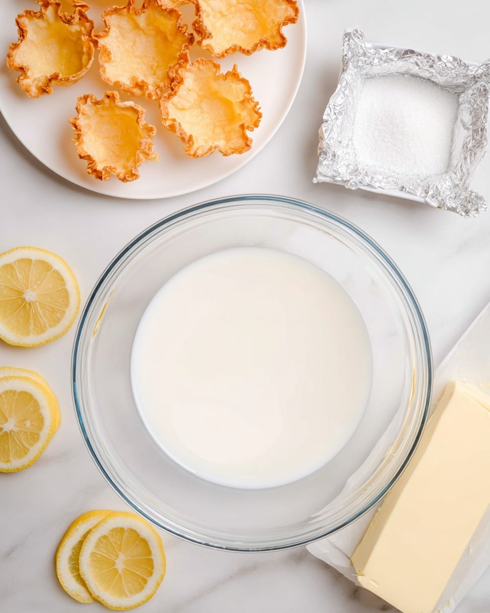 A large clear glass bowl with a white liquid inside it sits on a white marbled surface. Above and to the left is a white plate with several golden-brown crispy pastry cups, their edges curled and slightly browned. To the top right of the bowl is a small white square dish with white granulated sugar and next to it is a silver foil-wrapped block of butter. Slices of yellow lemon are scattered on the white marbled surface around the bowl. Photo taken with an iphone --ar 4:5 --v 7