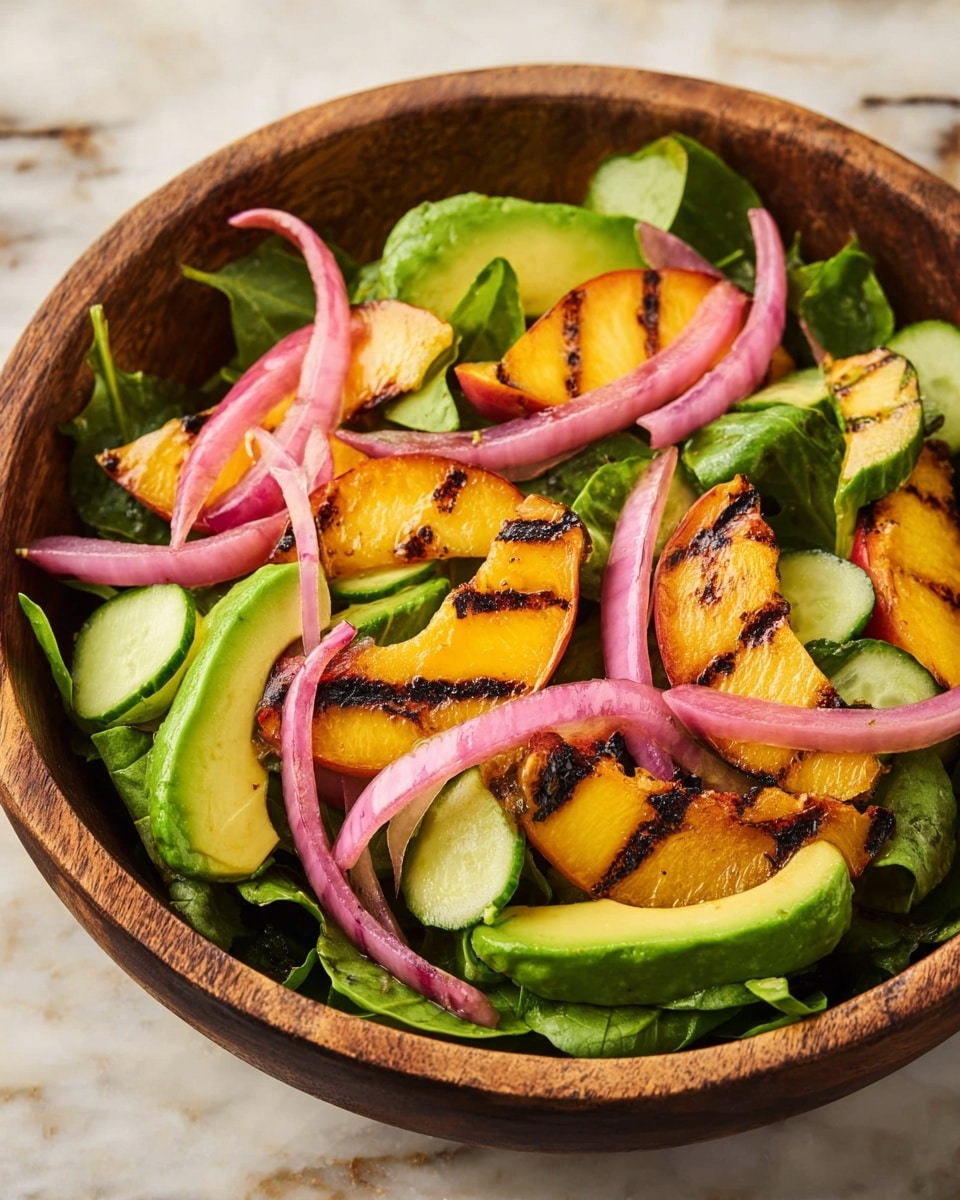 A wooden bowl holds a fresh salad with a base layer of green spinach and other leafy greens. On top, there are bright green slices of avocado arranged across the salad. Light green cucumber rounds peek through, mixed with thin rings of pickled, translucent pink onions. Grilled peach slices, showing dark grill marks, are placed evenly on top, adding a warm orange color that contrasts with the fresh greens. The bowl sits on a white marbled surface photo taken with an iphone --ar 4:5 --v 7