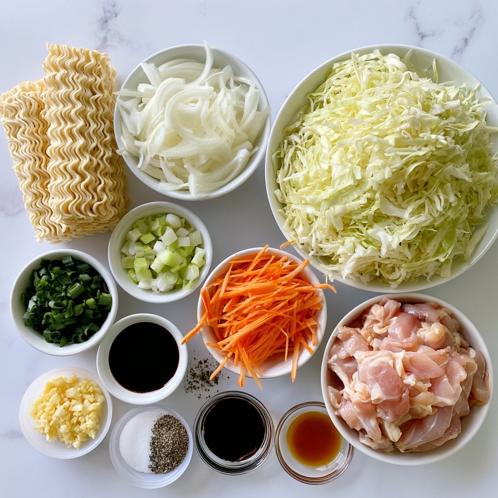 The image shows many ingredients for cooking, all in white bowls on a white marbled surface. There are two blocks of uncooked wavy noodles, a bowl of thinly sliced white onions, and a large bowl full of shredded pale green cabbage. Next to them are two small bowls with chopped green onions, one with darker green pieces and the other with lighter white-green parts. There is a bowl of thin orange carrot sticks and a bowl containing raw pink chicken pieces. Small white and clear bowls hold minced yellow garlic, white baking soda, black pepper, white sugar, and a few different dark and light liquids like soy sauce, dark soy sauce, shaoxing wine, cooking oil, sesame oil, and oyster sauce. The arrangement is neat and bright, with clear labels above each ingredient. Photo taken with an iphone --ar 4:5 --v 7