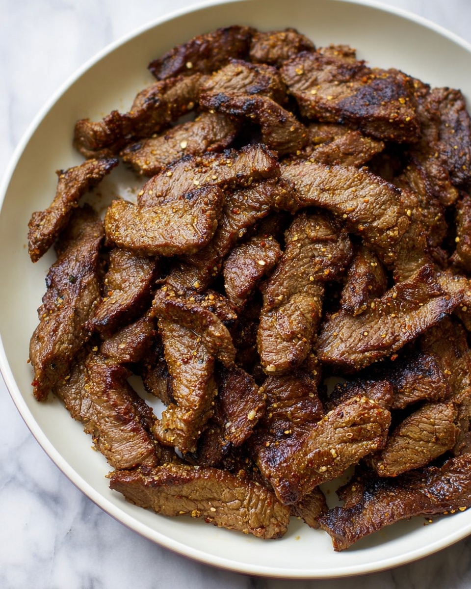 A white plate filled with many pieces of cooked beef strips that are brownish with a slightly charred texture, showing a mix of darker and lighter browns with visible seasoning bits on the surface. The beef pieces have an uneven shape and rough texture, piled on top of each other, filling the plate with a rustic and hearty look. The plate sits on a white marbled surface. photo taken with an iphone --ar 4:5 --v 7