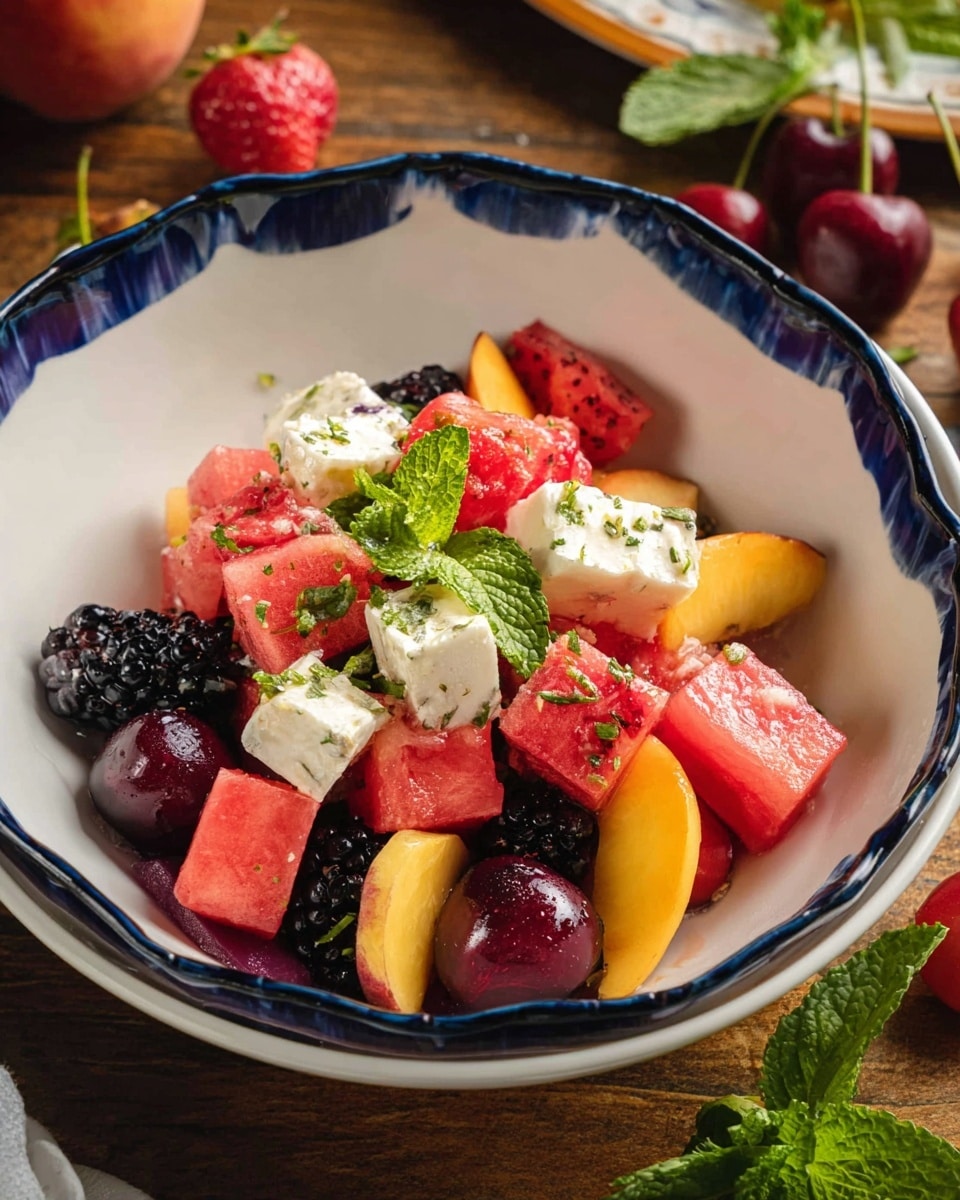 A white bowl with a dark blue wavy rim holds a colorful fruit salad arranged in about three layers; the bottom layer shows blackberries and dark red cherries, the middle layer has bright red strawberries and orange-yellow peach slices, and the top layer features pink watermelon cubes and white cheese cubes sprinkled with green herbs. Fresh green mint leaves add a touch of color on top. The bowl sits on a wooden table with some green mint leaves and cherries scattered around. Photo taken with an iphone --ar 4:5 --v 7