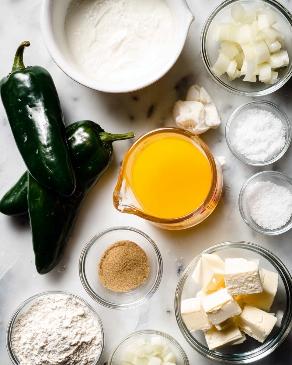 The image shows several clear glass bowls and a white bowl arranged on a white marbled surface. There are two dark green poblano peppers placed diagonally across the scene. The top left has a white bowl filled with a smooth, white substance. Around the center is a clear glass measuring cup with bright yellow liquid. Nearby, small glass bowls hold peeled garlic cloves, light brown powder, cubed pale yellow butter, white flour, and diced white onions. A small white bowl contains coarse white salt. The setup looks clean and organized with the ingredients spaced out evenly. photo taken with an iphone --ar 4:5 --v 7