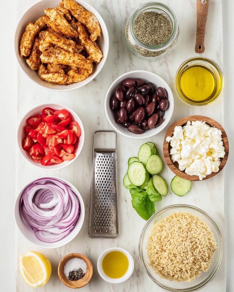 A top view of ingredients arranged neatly on a white marbled surface. In the top left corner, a white bowl holds several cooked chicken strips with a golden brown, slightly spicy texture. To the right of it, a clear glass jar of dried oregano sits upright. Nearby, a small white bowl contains dark purple sliced olives, and below it, another white bowl has bright red chopped tomatoes. Below the chicken, thin slices of purple onion are in a white bowl, next to a metal grater with minced garlic on top. Small wooden bowls contain black pepper and salt next to the grater. In the lower section, a white bowl filled with white crumbled cheese and a bowl with light green cucumber slices are visible. A clear glass container in the bottom right has fluffy cooked quinoa. Small white bowls hold yellow olive oil, pale lemon juice, and amber honey, while a fresh green basil leaf lies on the marbled surface near the tomatoes. photo taken with an iphone --ar 4:5 --v 7