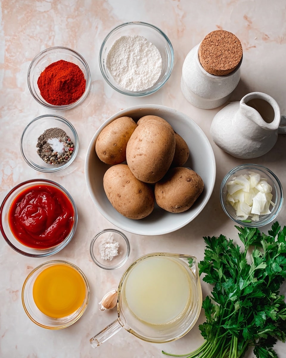 The image shows a white bowl with four whole brown potatoes in the center, surrounded by small white dishes and clear glass bowls containing various ingredients. These include two small piles of red powder, a pile of black pepper, a pile of salt, chopped white onions, a bright red sauce, a yellow liquid, a deep red liquid, a small amount of white cream, a paste-like mixture, and a whole garlic bulb. A bunch of fresh green parsley lies at the bottom right. There is also a glass measuring cup with a light yellow liquid and a white ceramic jug with a cork on top. All items are placed on a white marbled surface. photo taken with an iphone --ar 4:5 --v 7
