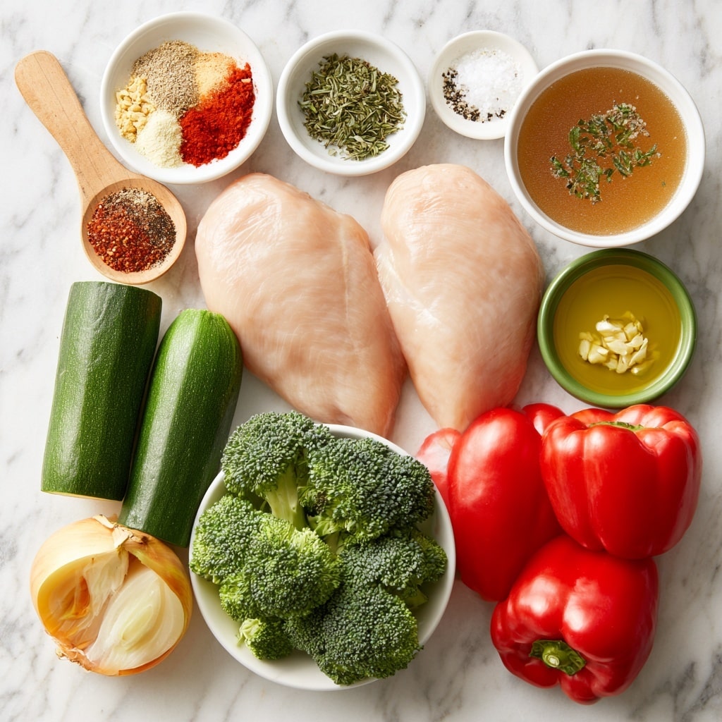 The image shows a flat lay of fresh ingredients arranged on a white marbled surface, each labeled clearly. At the center are two smooth, pale pink chicken breasts, surrounded by raw vegetables including two green zucchinis, two bright red bell peppers, several vibrant green broccoli florets in a white bowl, and a whole yellow onion with one half sliced to show inside. There are small bowls holding various seasonings: a wooden spoon with mixed chili powder, paprika, garlic powder, and onion powder; a white bowl with dried thyme and rosemary; a white bowl with coarse salt and black pepper; and a small bowl of golden olive oil. Next to these is a green bowl with minced garlic and a white bowl with light brown chicken broth garnished with herbs. The overall setup is clean and colorful, showing fresh, raw ingredients ready for cooking. photo taken with an iphone --ar 4:5 --v 7