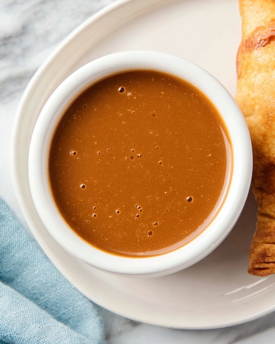 The image shows a white round bowl filled with smooth brown gravy, with a few tiny bubbles on the surface adding texture. The bowl sits on a white plate next to a golden-brown pie crust that has a crispy, slightly browned texture on top. The background is a white marbled surface with a light blue cloth partially visible on the left side. photo taken with an iphone --ar 4:5 --v 7