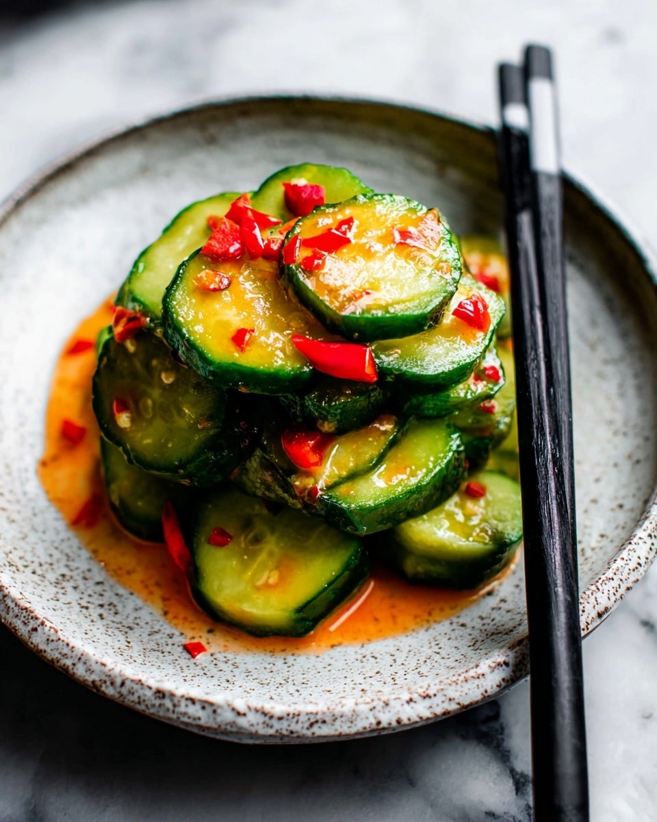 A white bowl filled with round green cucumber slices stacked in layers, some pieces have shiny, wet orange sauce on top. Small pieces of red chili and white crushed garlic are scattered over the cucumber slices. Two black chopsticks rest on the right side of the bowl. The bowl is placed on a white marbled textured surface. Photo taken with an iphone --ar 4:5 --v 7