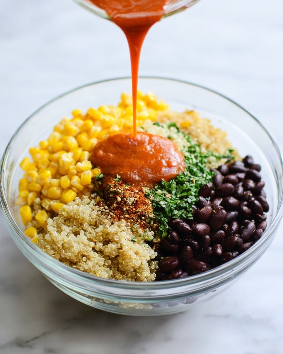 A clear glass bowl sits on a white marbled surface, filled with five main layers. At the bottom is a large layer of light beige quinoa with a grainy texture. To the top left of the quinoa is a bright yellow corn layer, with small kernels tightly packed. On the top right sits a dark brown layer of whole black beans, shiny and smooth. In the center between the quinoa, corn, and beans are layers of green chopped herbs and a mix of red and brown spices, adding a textured, colorful contrast. From above, a thin stream of reddish-orange sauce is pouring into the bowl, covering part of the quinoa and herbs. photo taken with an iphone --ar 4:5 --v 7